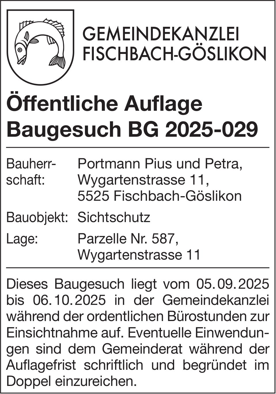 Baugesuche, Gemeindekanzlei Fischbach-Göslikon, Öffentliche Auflage Baugesuch BG 2025-029