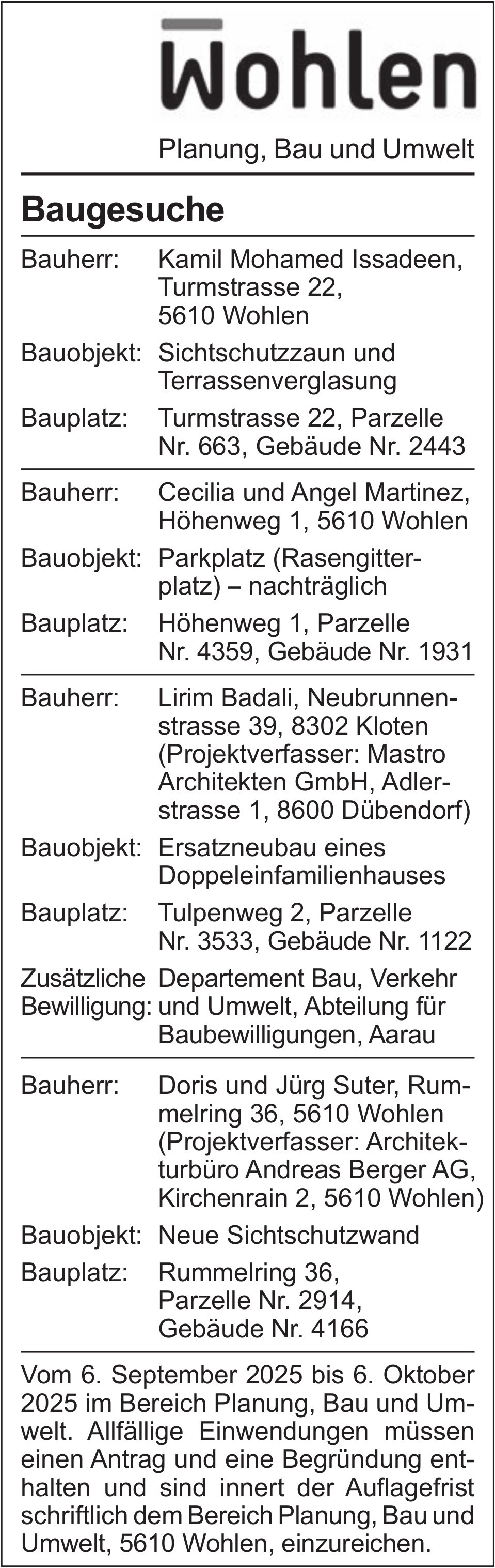 Baugesuche, Wohlen