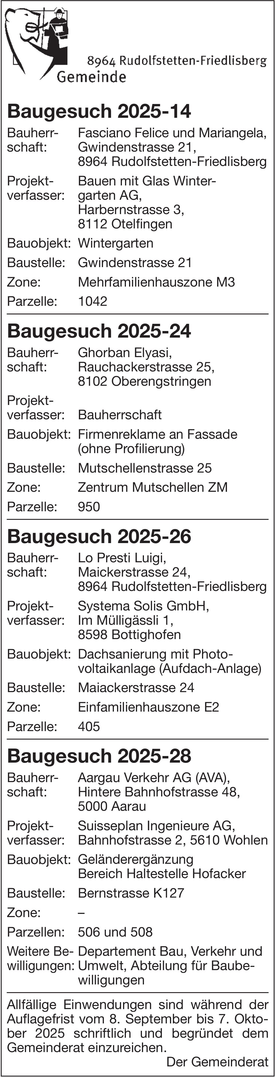 Baugesuche, Gemeinde Rudolfstetten-Friedlisberg, Baugesuche 2025-14, 2025-24, 2025-26, 2025-28