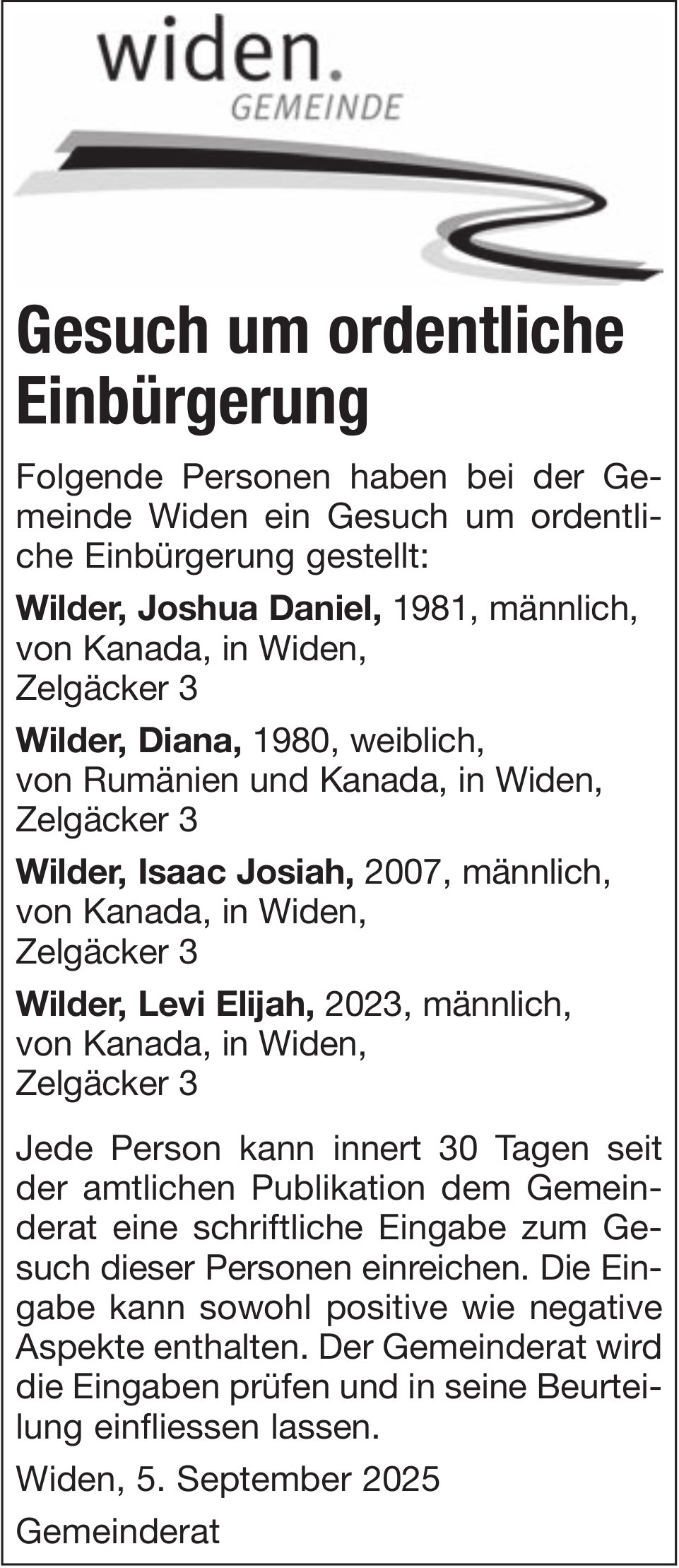 Gemeinde Widen, Gesuch um ordentliche Einbürgerung