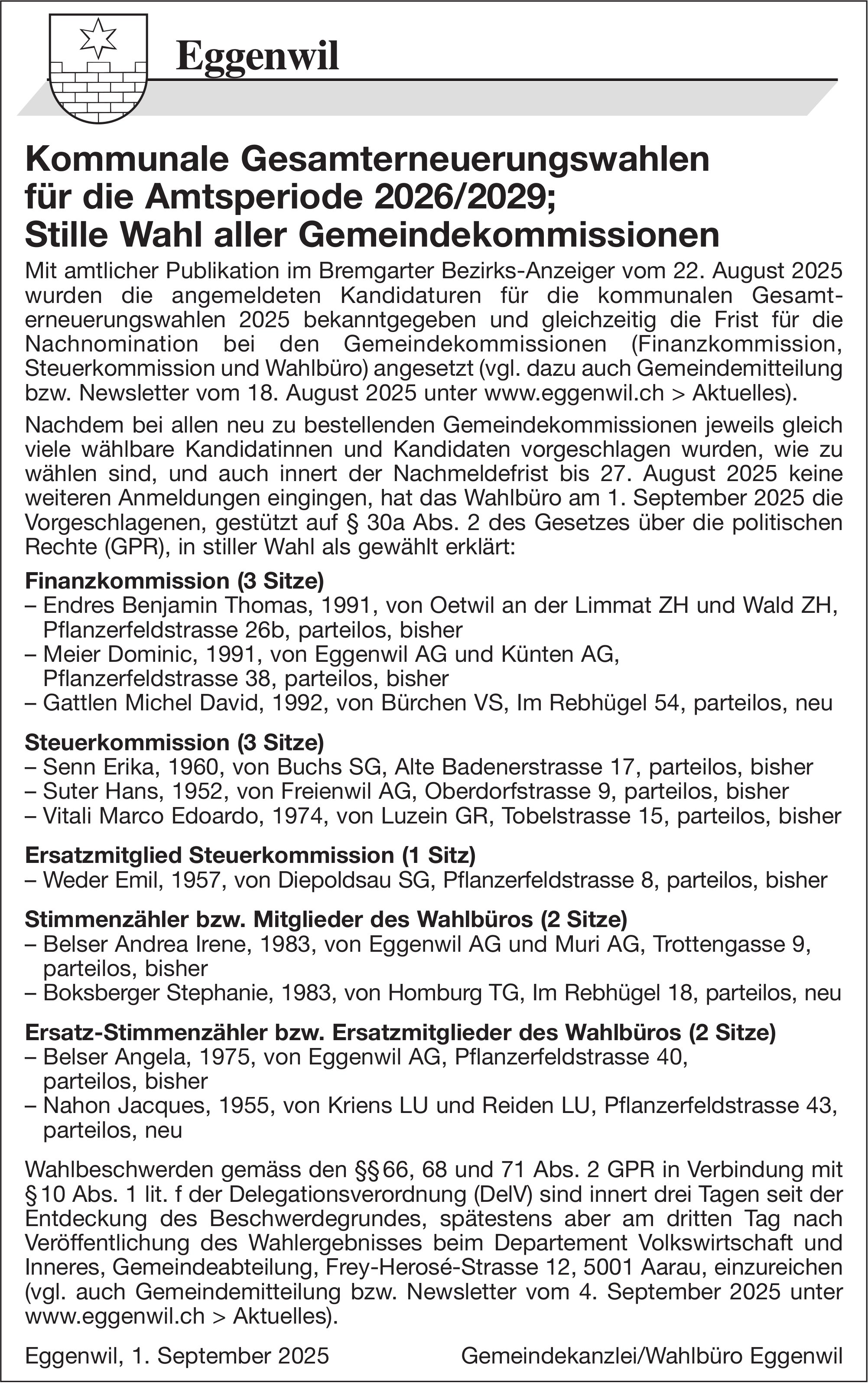 Wahlen & Abstimmungen, Eggenwil, Kommunale Gesamterneuerungswahlen, Amtsperiode 2026/2029
