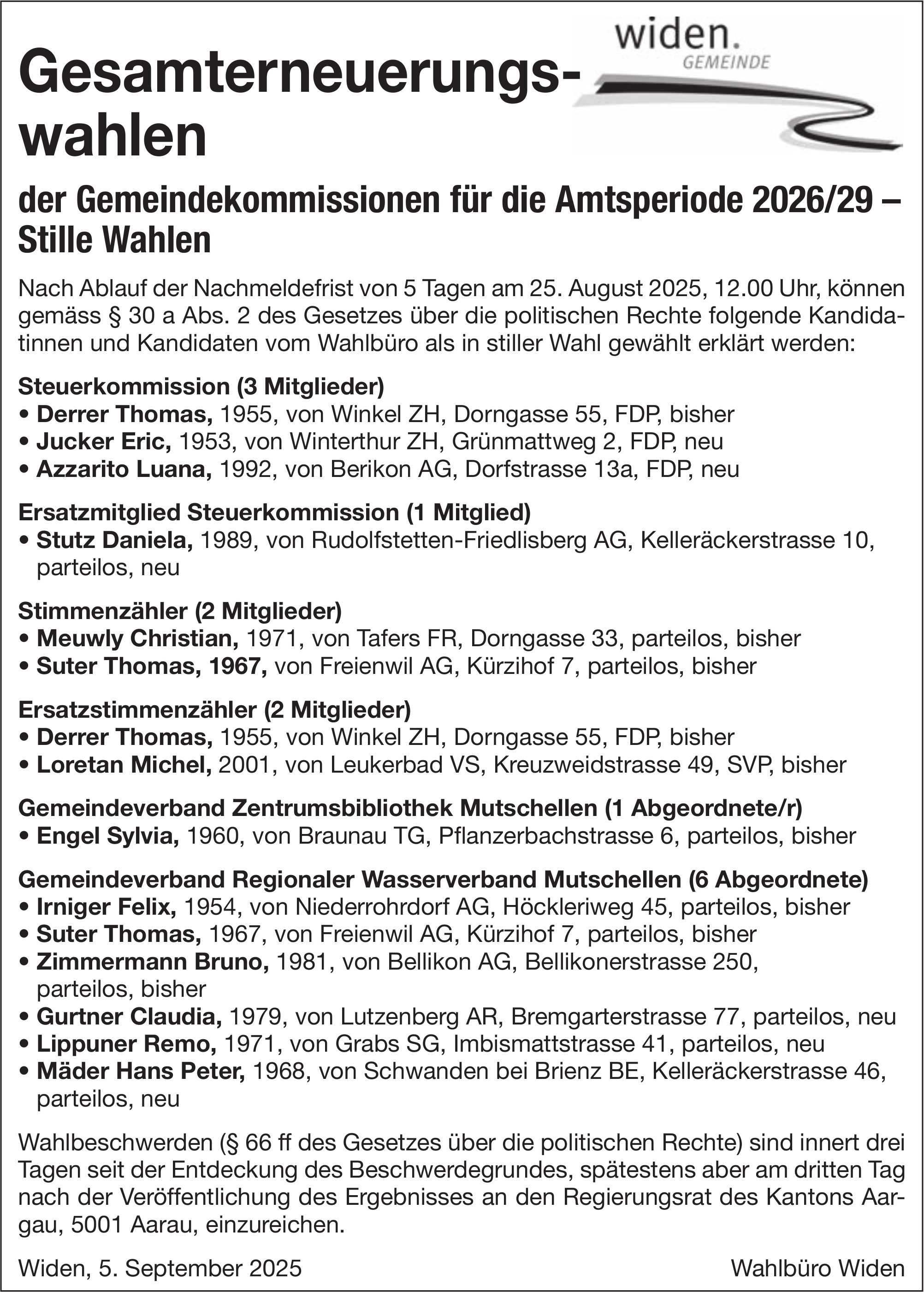 Wahlen & Abstimmungen, Gemeinde Widen, Gesamterneuerungswahlen