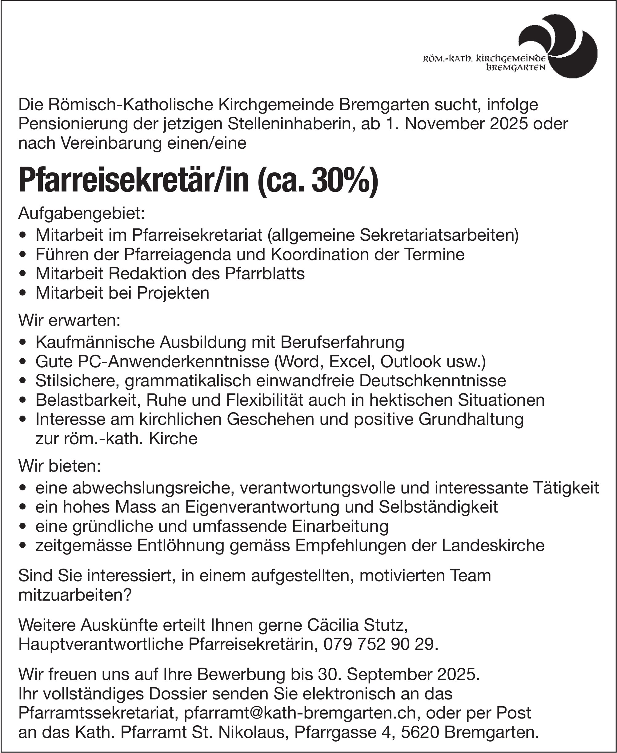 Pfarreisekretär/in (ca. 30%), Römisch-Katholische Kirchgemeinde Bremgarten, gesucht