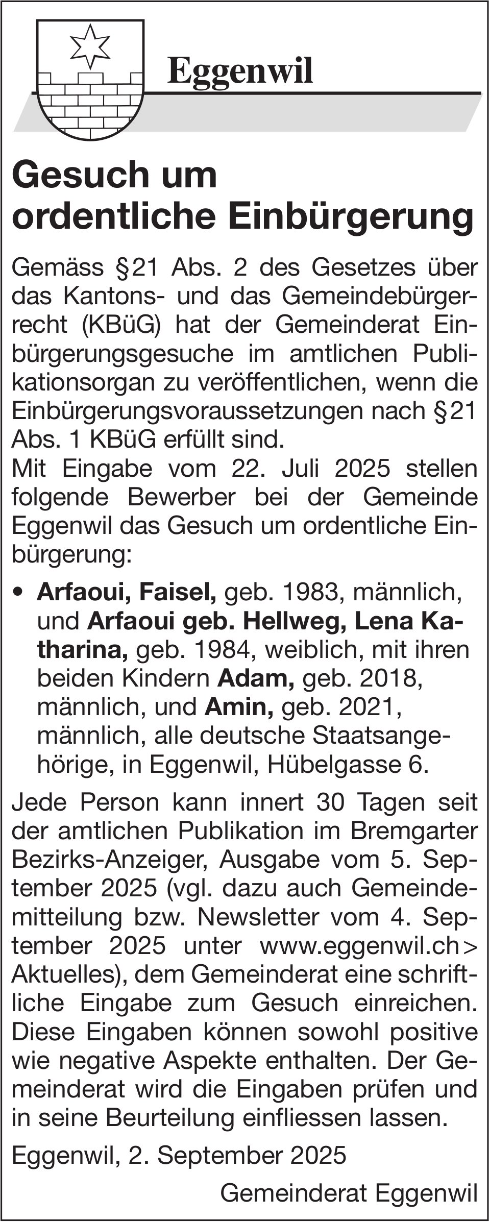 Gemeinde, Eggenwil, Gesuch um ordentliche Einbürgerung