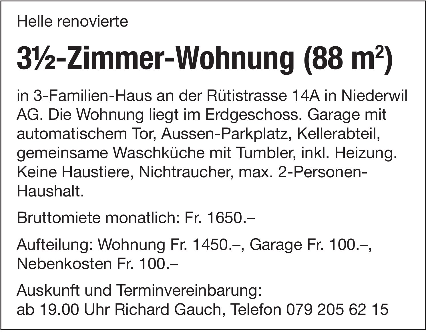 3½-Zimmer-Wohnung (88 m²), Niederwil, zu vermieten
