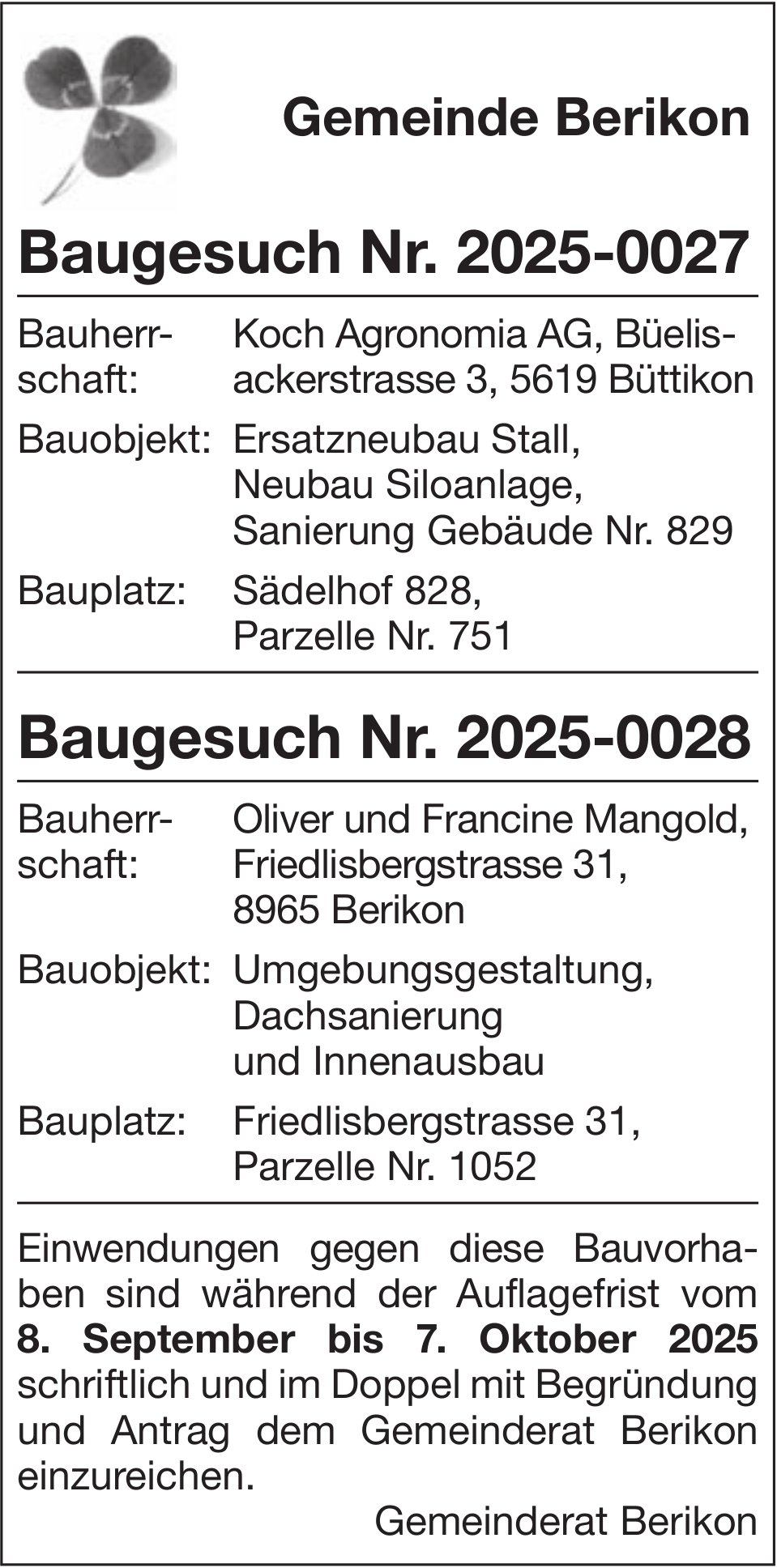Baugesuche, Gemeinde Berikon, Baugesuche Nr. 2025-0027 & Nr. 2025-0028