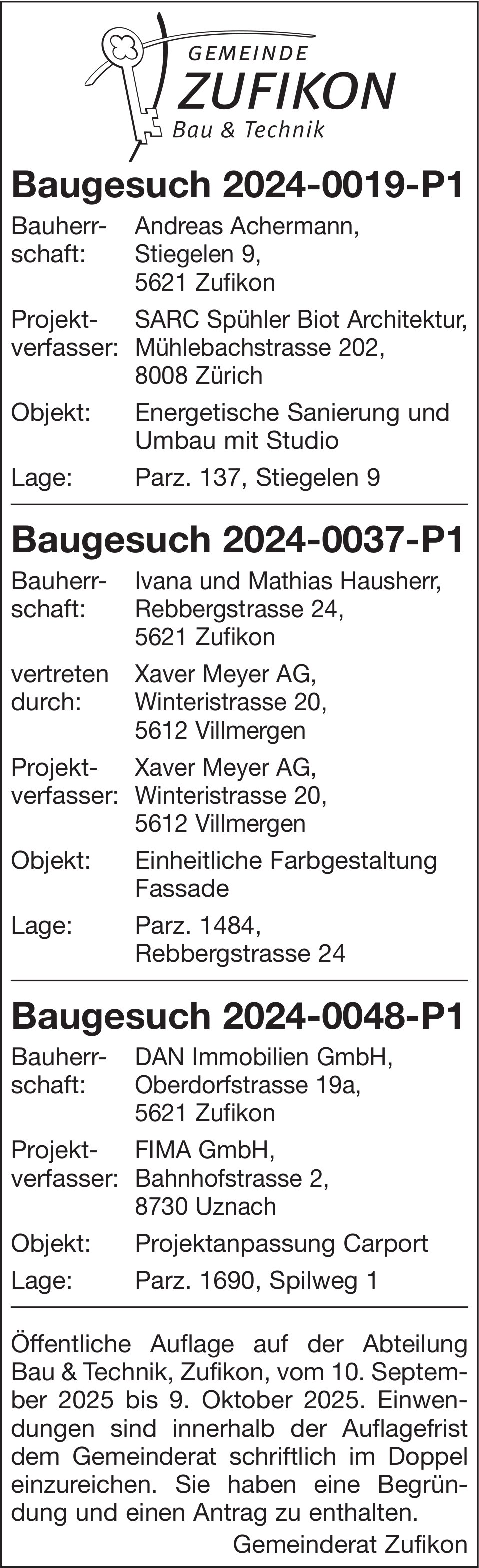 Baugesuche, Gemeinde Zufikon, Baugesuche 2024-0019-P1, 2024-0037-P1,  2024-0048-Ps