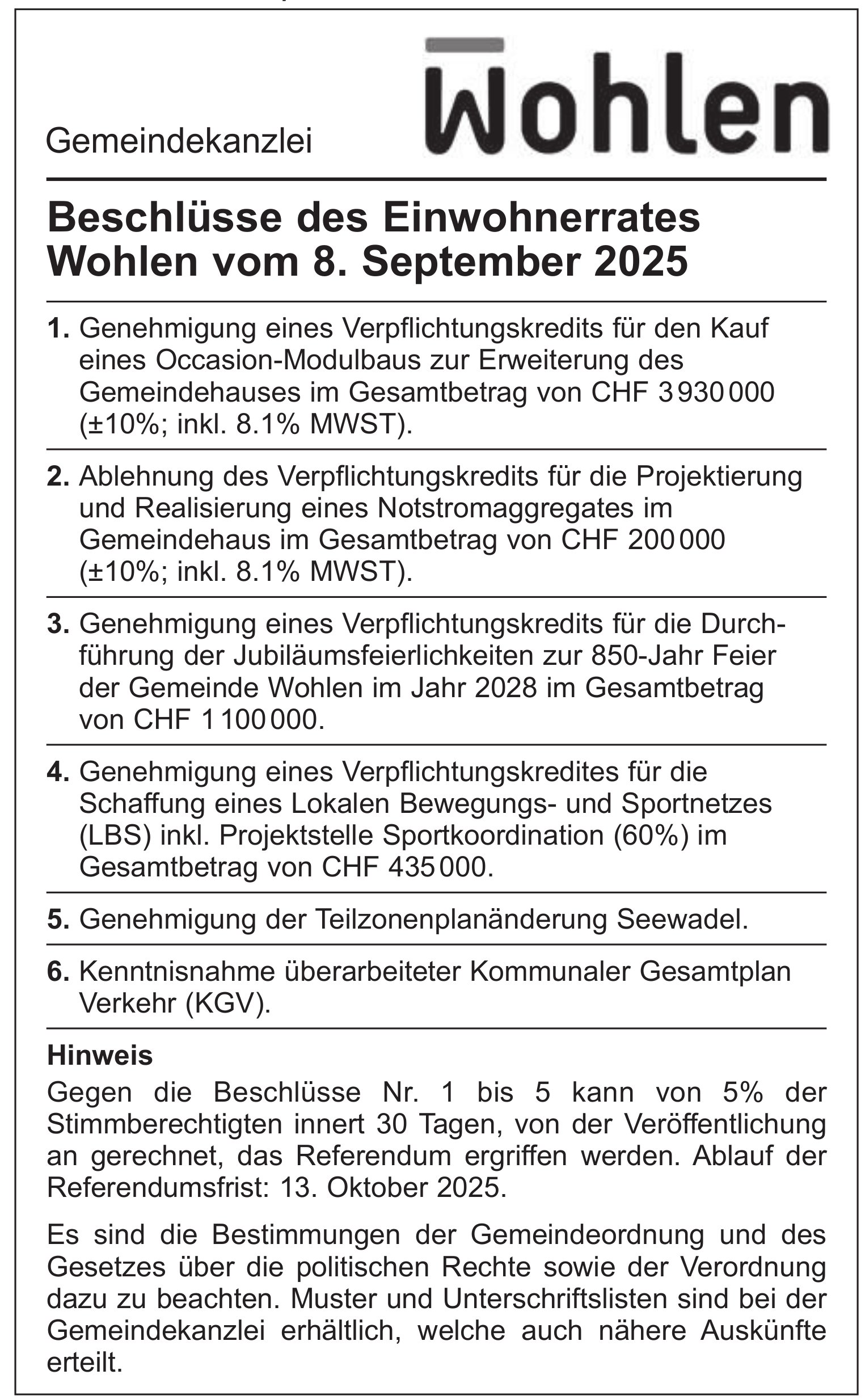 Sonstiges, Gemeindekanzlei Wohlen, Beschlüsse des Einwohnerrates Wohlen vom 8. September 2025