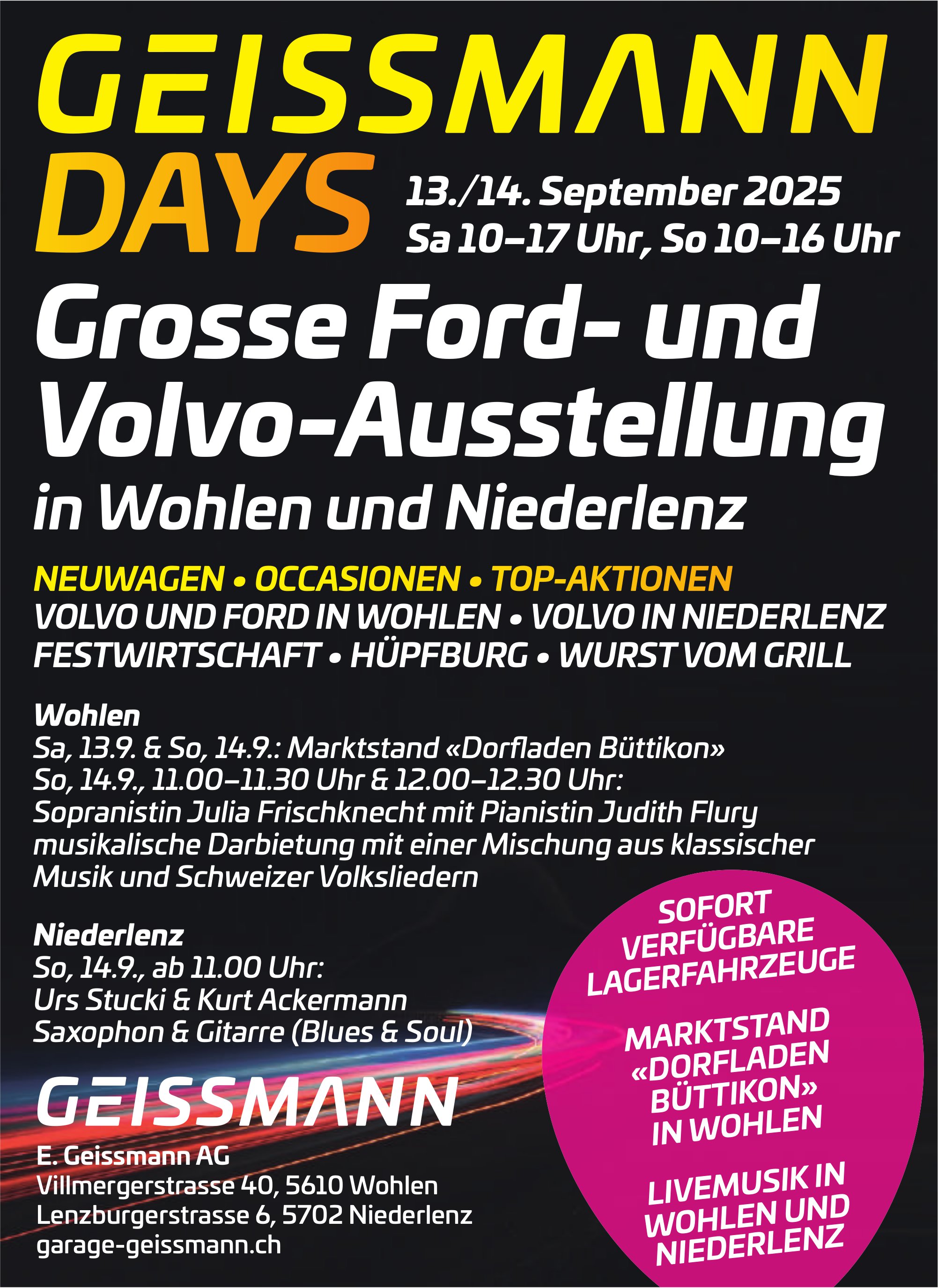 Grosse Ford- und Volvo-Ausstellung, 13. und 14. September, E. Geissmann AG, Wohlen