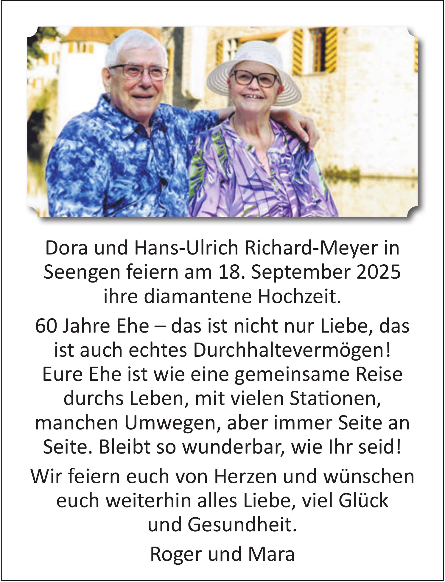 Dora und Hans-Ulrich Richard-Meyer in Seengen feiern am 18. September 2025 ihre diamantene Hochzeit