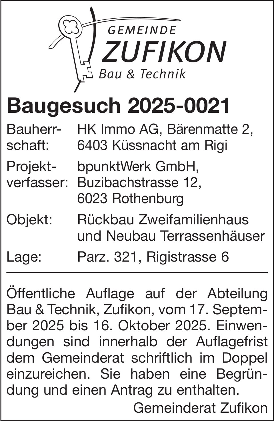Baugesuche Gemeinde Zufikon, Baugesuch 2025-0021