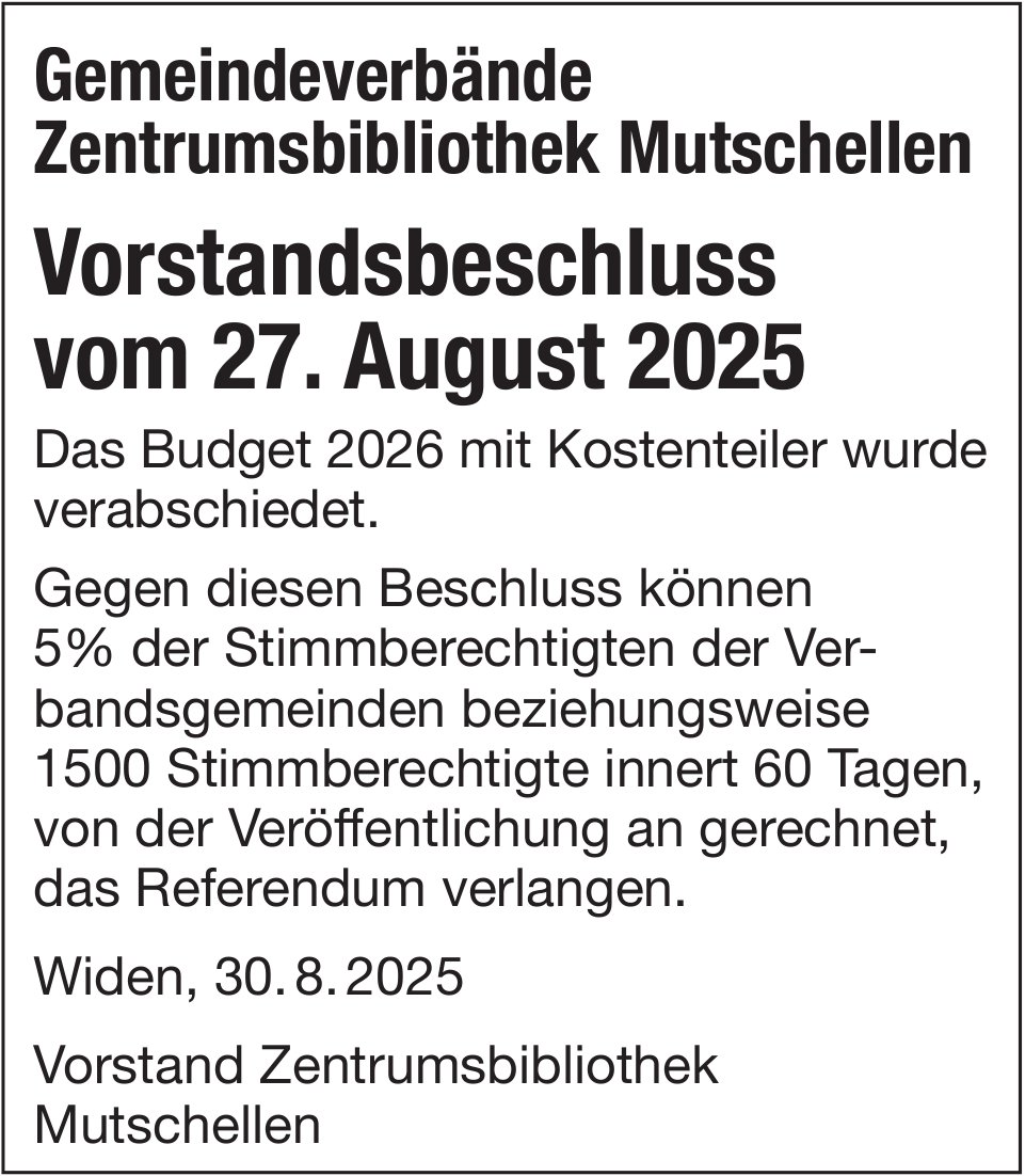 Gemeindeverbände Zentrumsbibliothek Mutschellen, Vorstandsbeschluss vom 27. August 2025