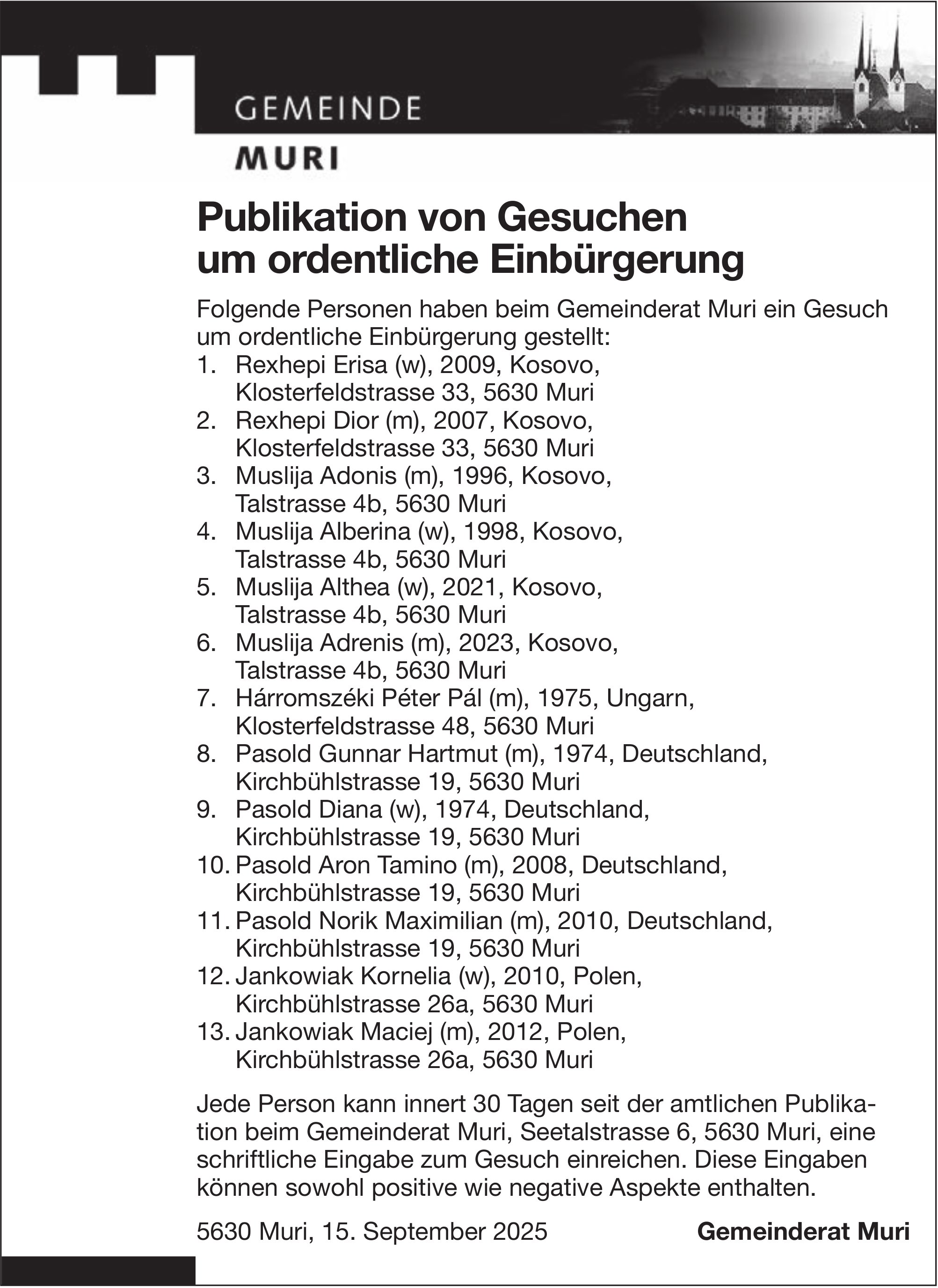 Gemeinde Muri, Publikation von Gesuchen um ordentliche Einbürgerung
