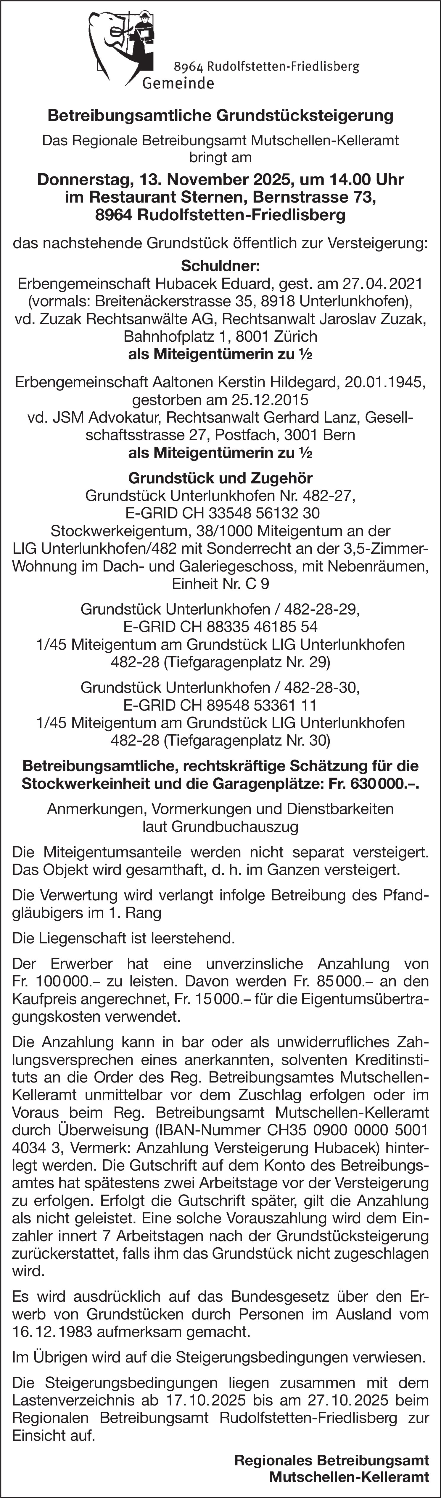 Gemeinde Rudolfstetten-Friedlisberg, Betreibungsamtliche Grundstücksteigerung, 13. November