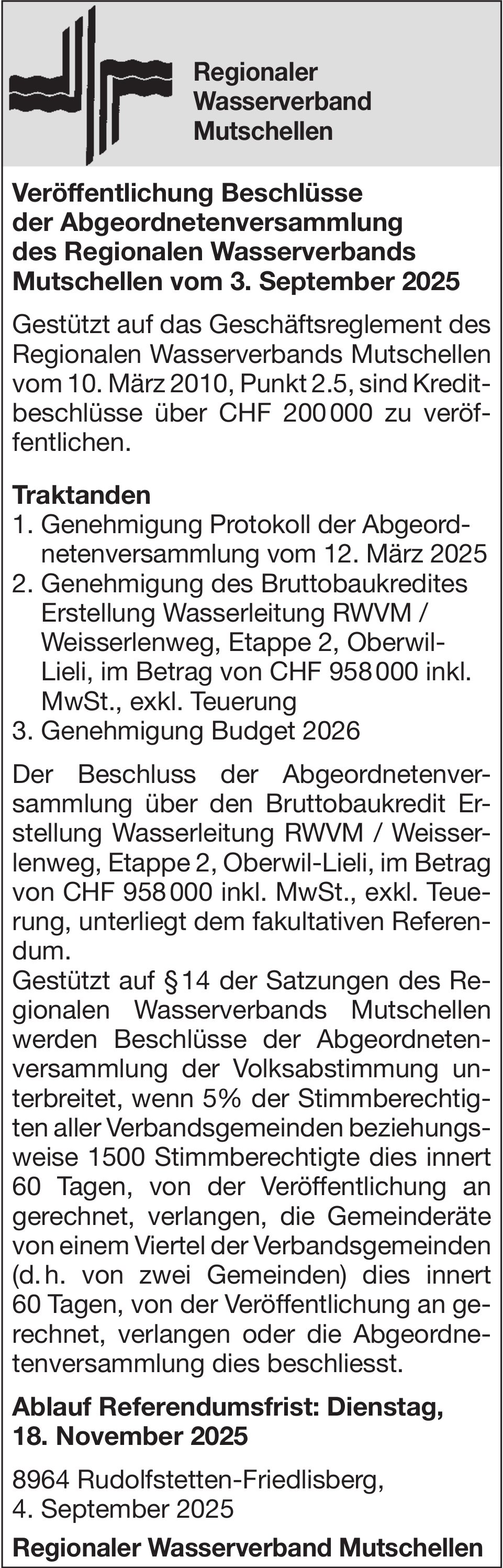 Regionaler Wasserverband Mutschellen, Veröffentlichung Beschlüsse der Abgeordnetenversammlung