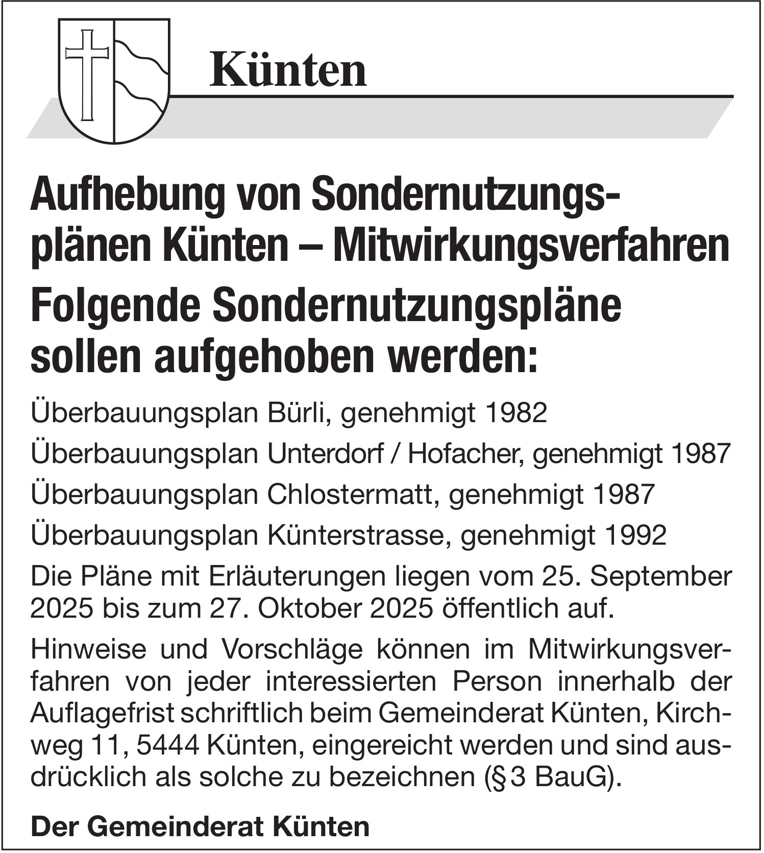 Gemeinde Künten, Aufhebung von Sondernutzungsplänen Künten – Mitwirkungsverfahren