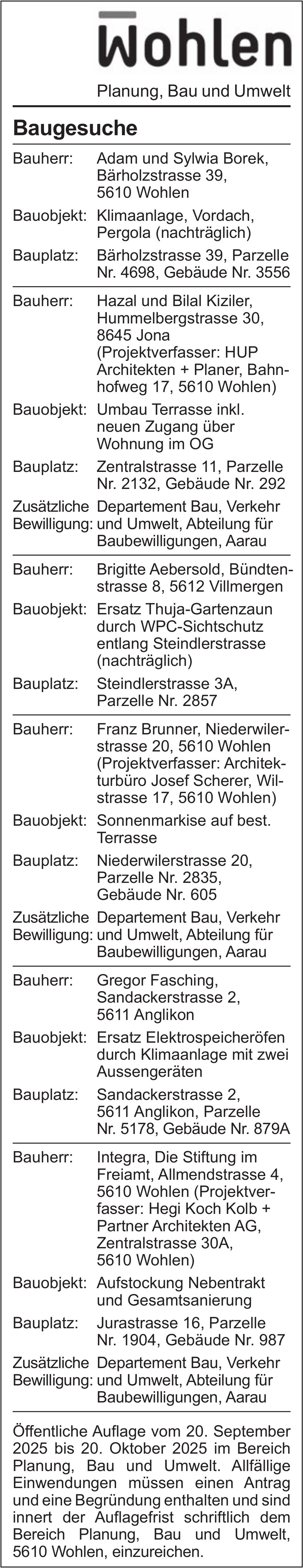 Baugesuche, Wohlen