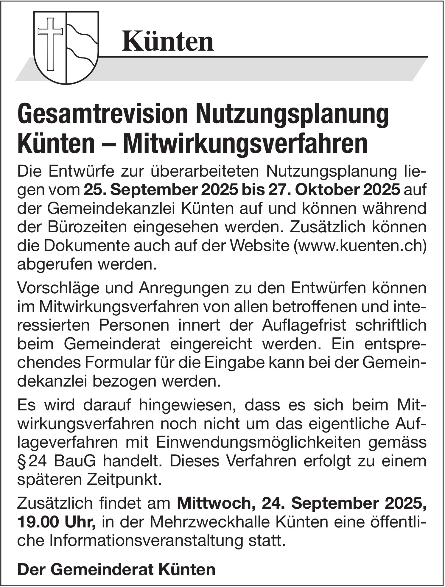 Sonstiges, Gesamtrevision Nutzungsplanung Künten – Mitwirkungsverfahren