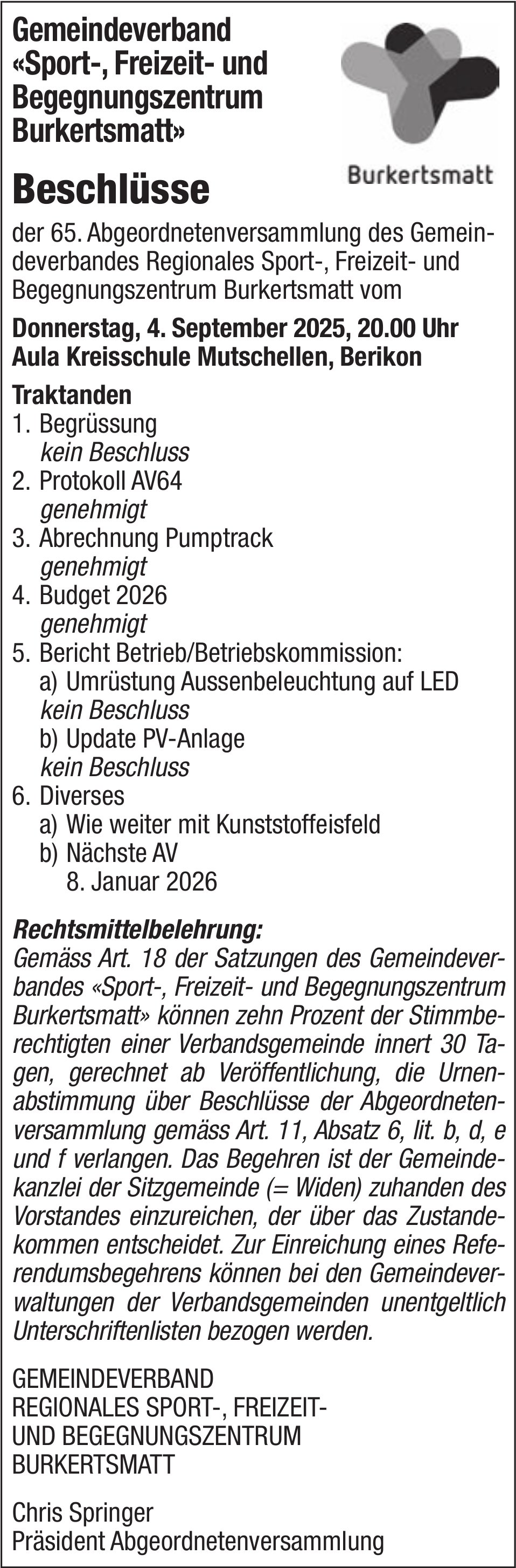 Gemeindeverband «Sport-, Freizeit- und Begegnungszentrum Burkertsmatt», Beschlüsse