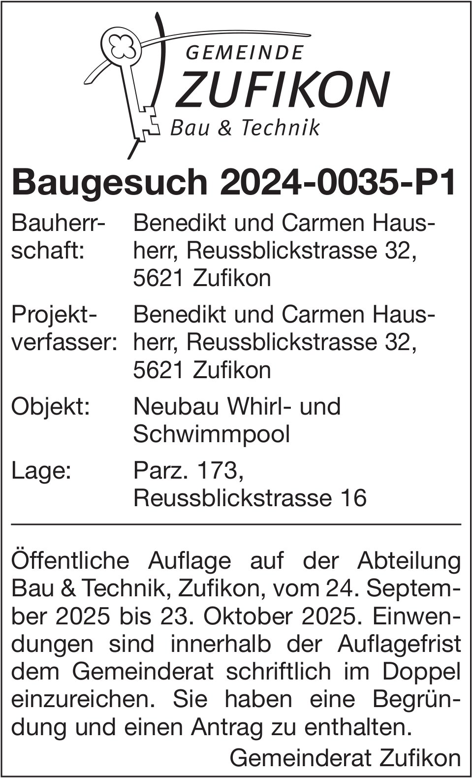 Gemeinde Zufikon, Baugesuch 2024-0035-P1