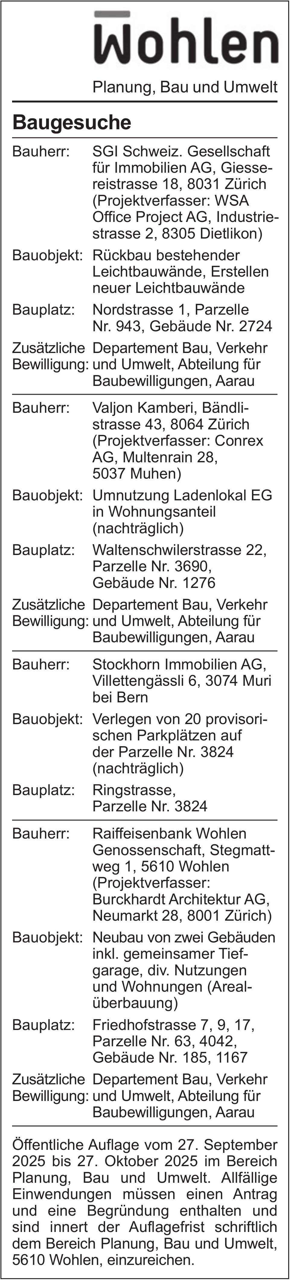 Baugesuche, Wohlen