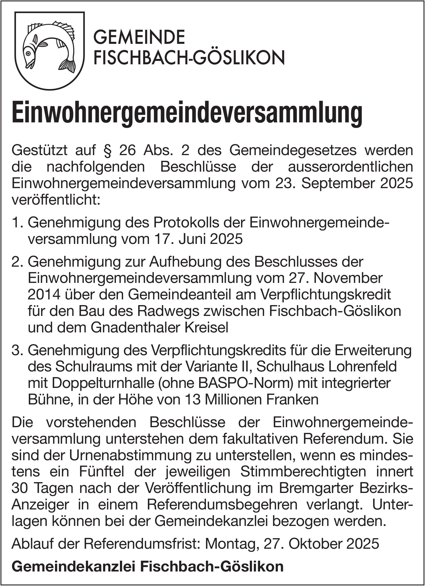 Gemeinde Fischbach-Göslikon, Einwohnergemeindeversammlung