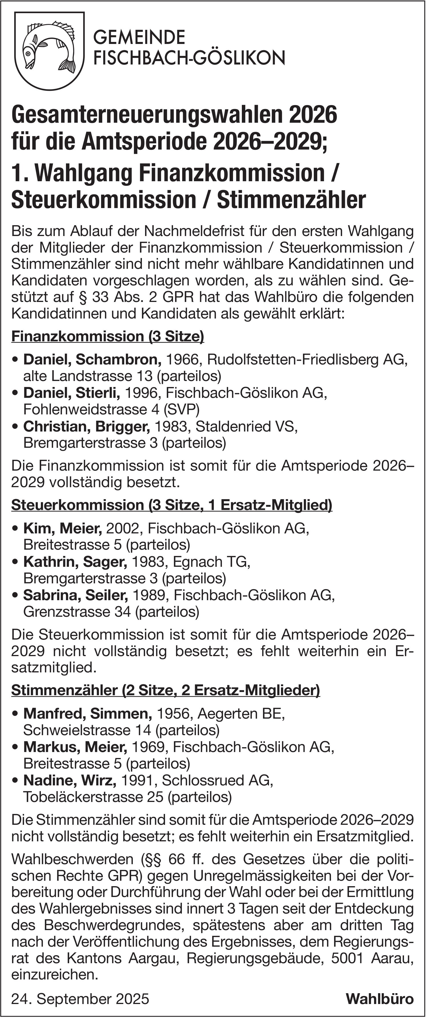 Wahlen & Abstimmungen, Gemeinde Fischbach-Göslikon, Gesamterneuerungswahlen 2026 für die Amtsperiode 2026–2029