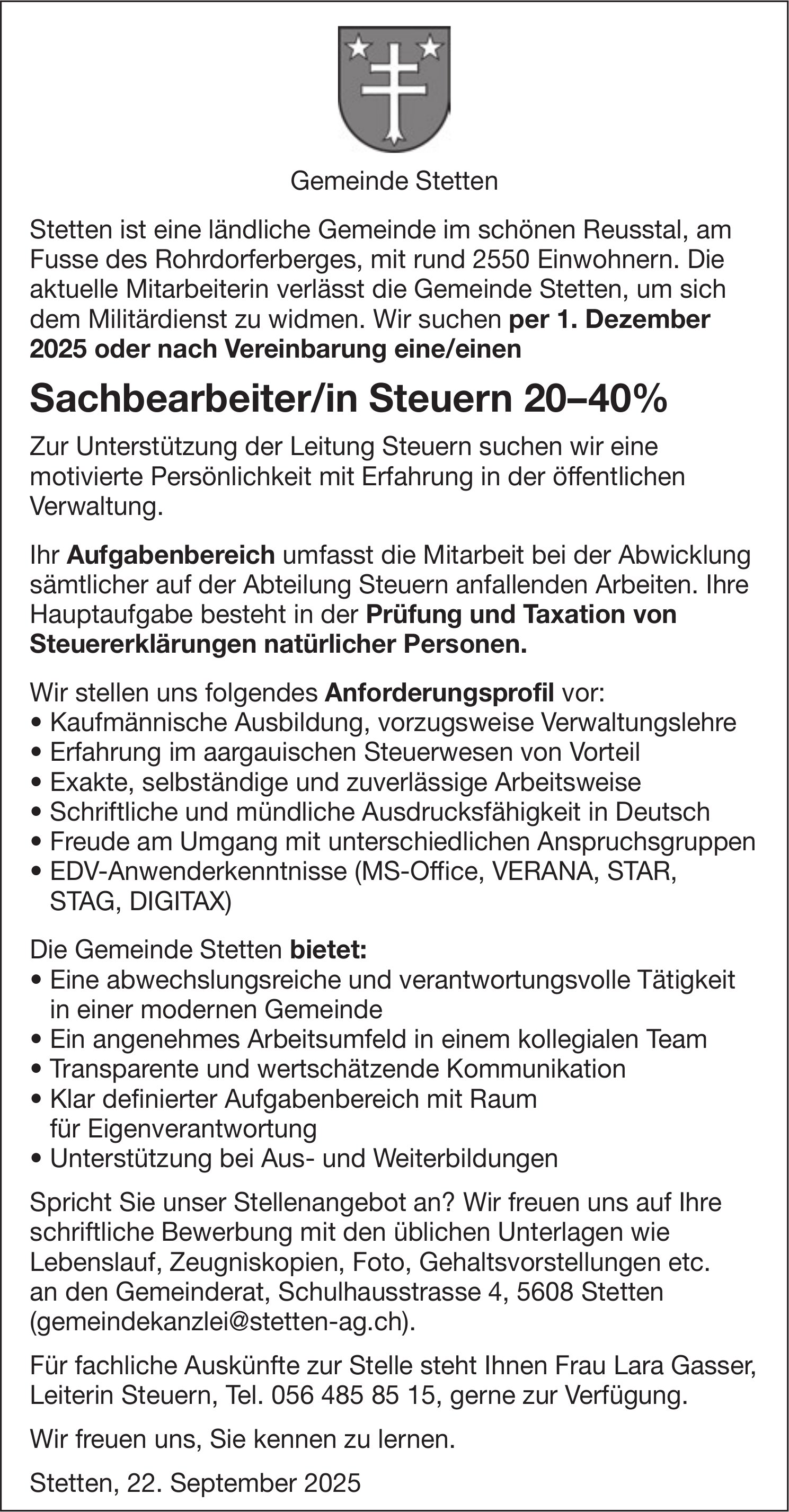 Sachbearbeiter/in Steuern 20–40%, Gemeinde Stetten, gesucht