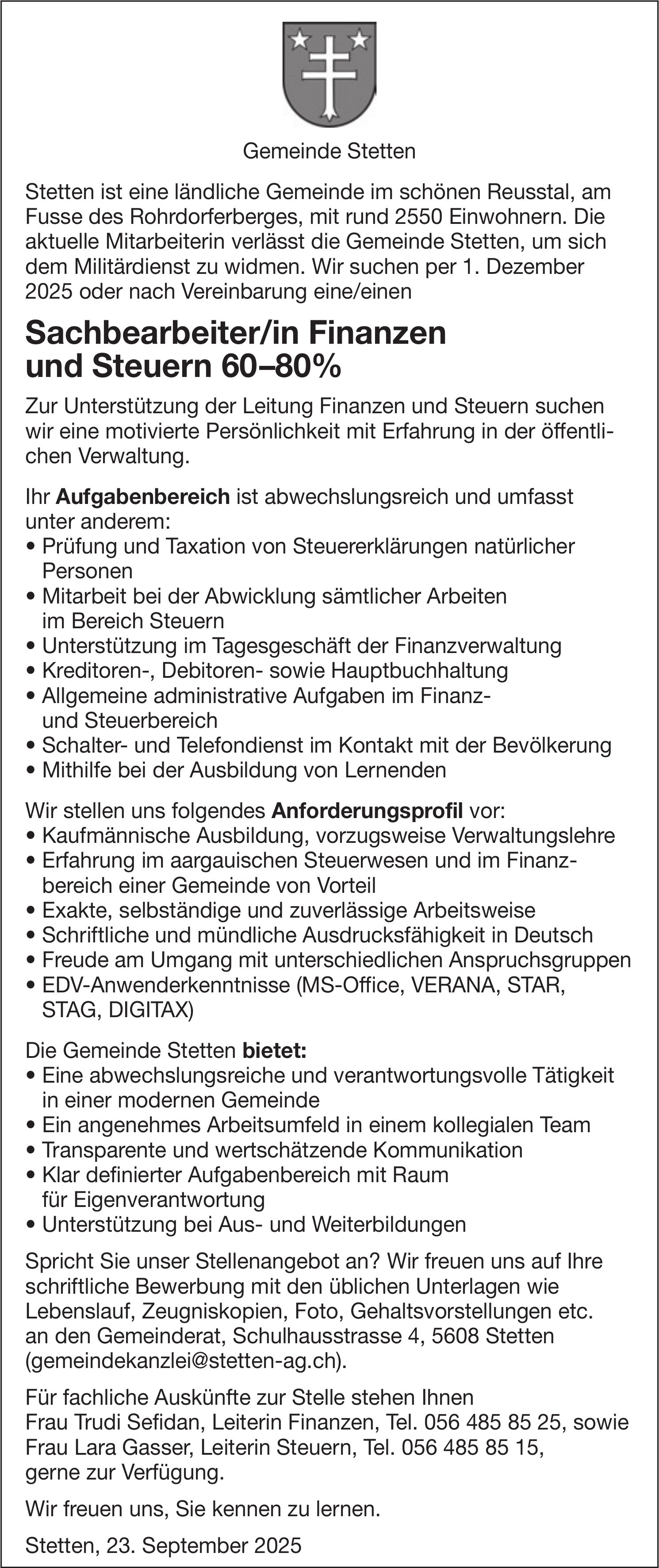 Sachbearbeiter/in Finanzen und Steuern 60–80%, Gemeinde Stetten, gesucht