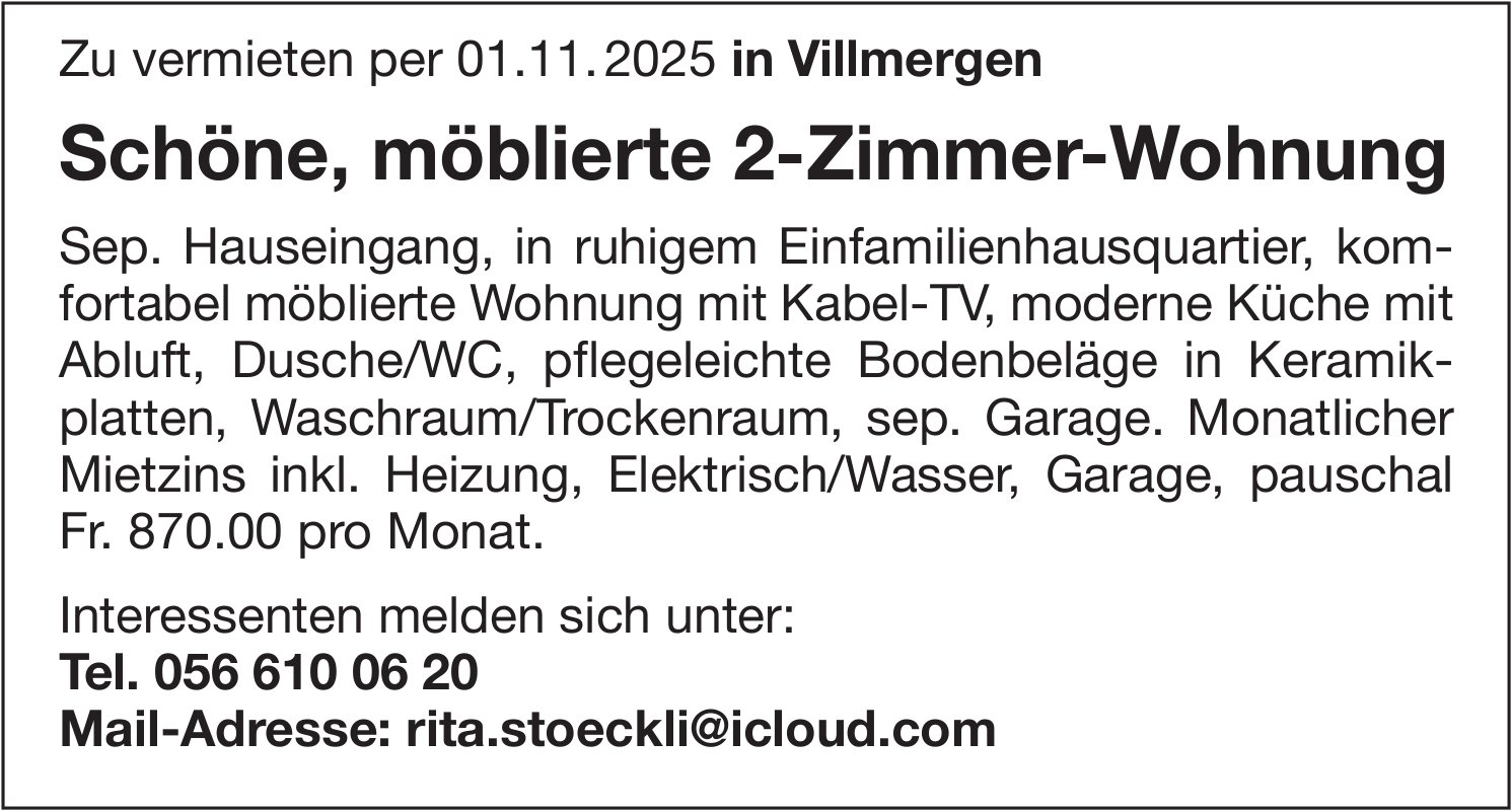 Schöne, möblierte 2-Zimmer-Wohnung, Villmergen,  zu vermieten