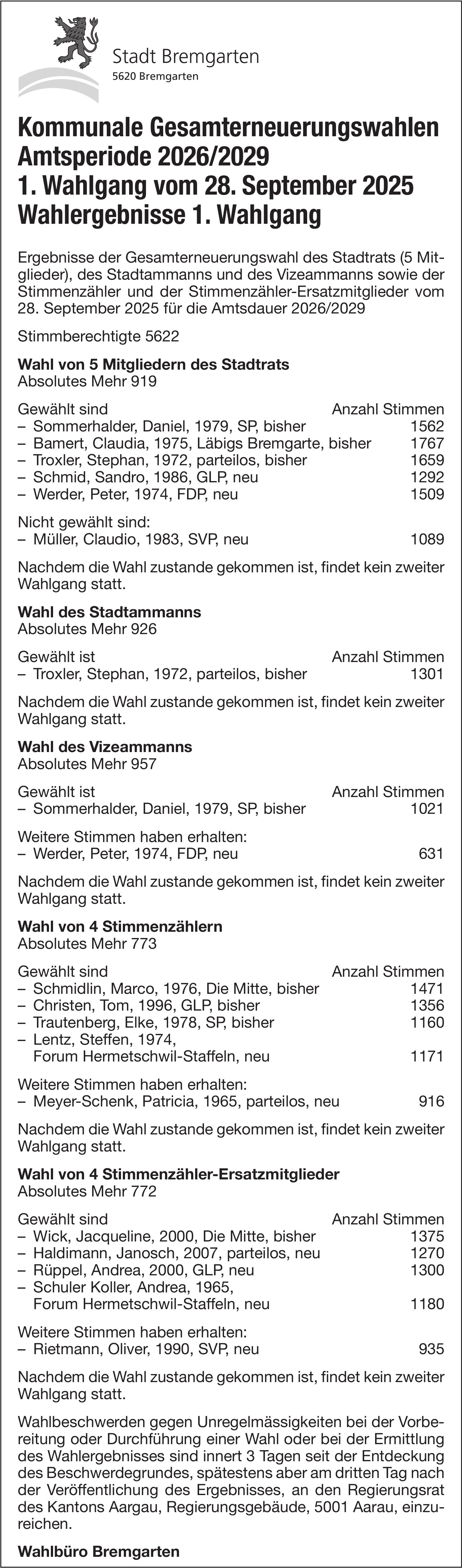 Wahlen & Abstimmungen, Stadt Bremgarten, Kommunale Gesamterneuerungswahlen Amtsperiode 2026/2029