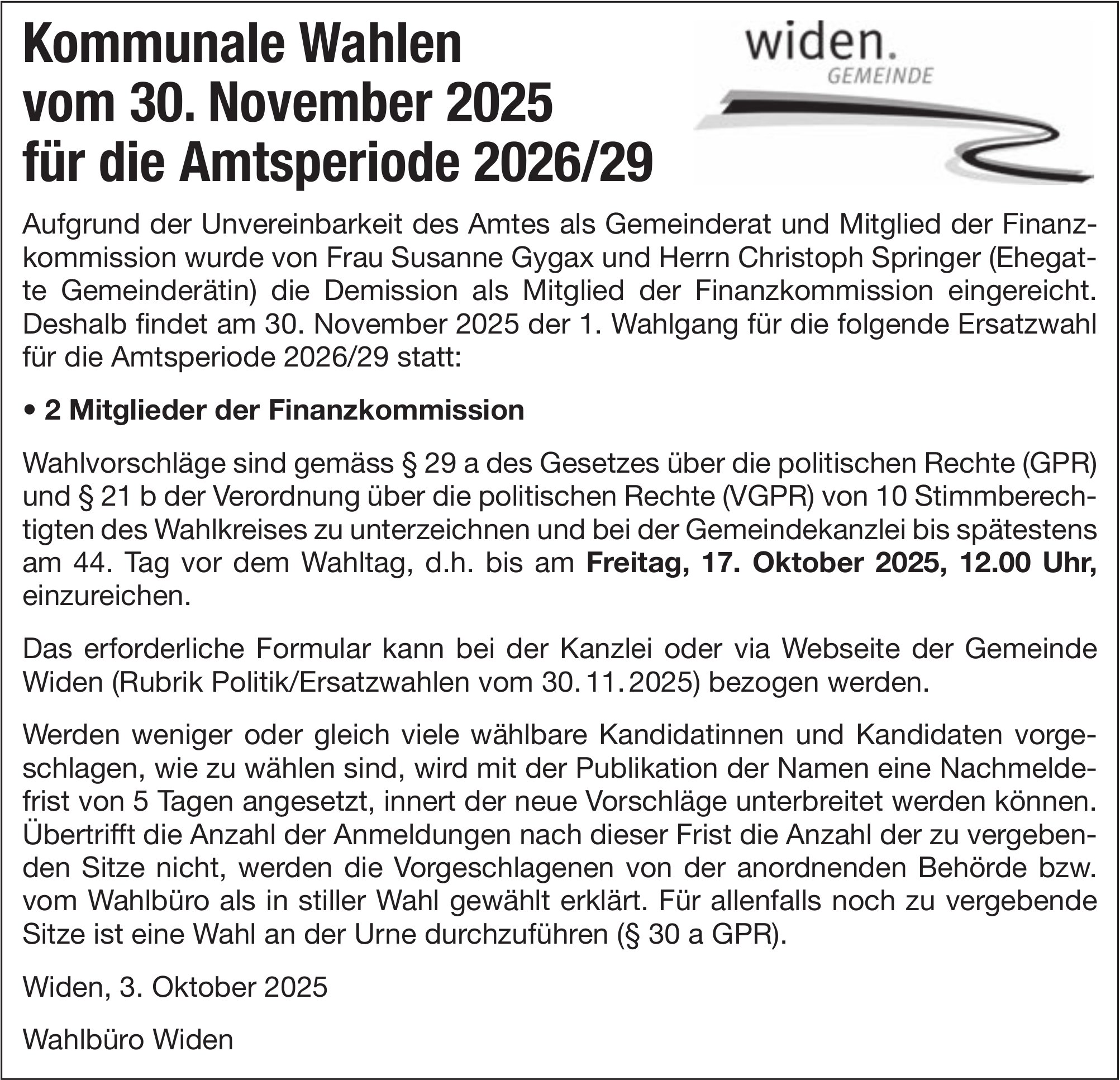 Wahlen & Abstimmungen, Gemeinde Widen, Kommunale Wahlen vom 30. November 2025, Amtsperiode 2026/29