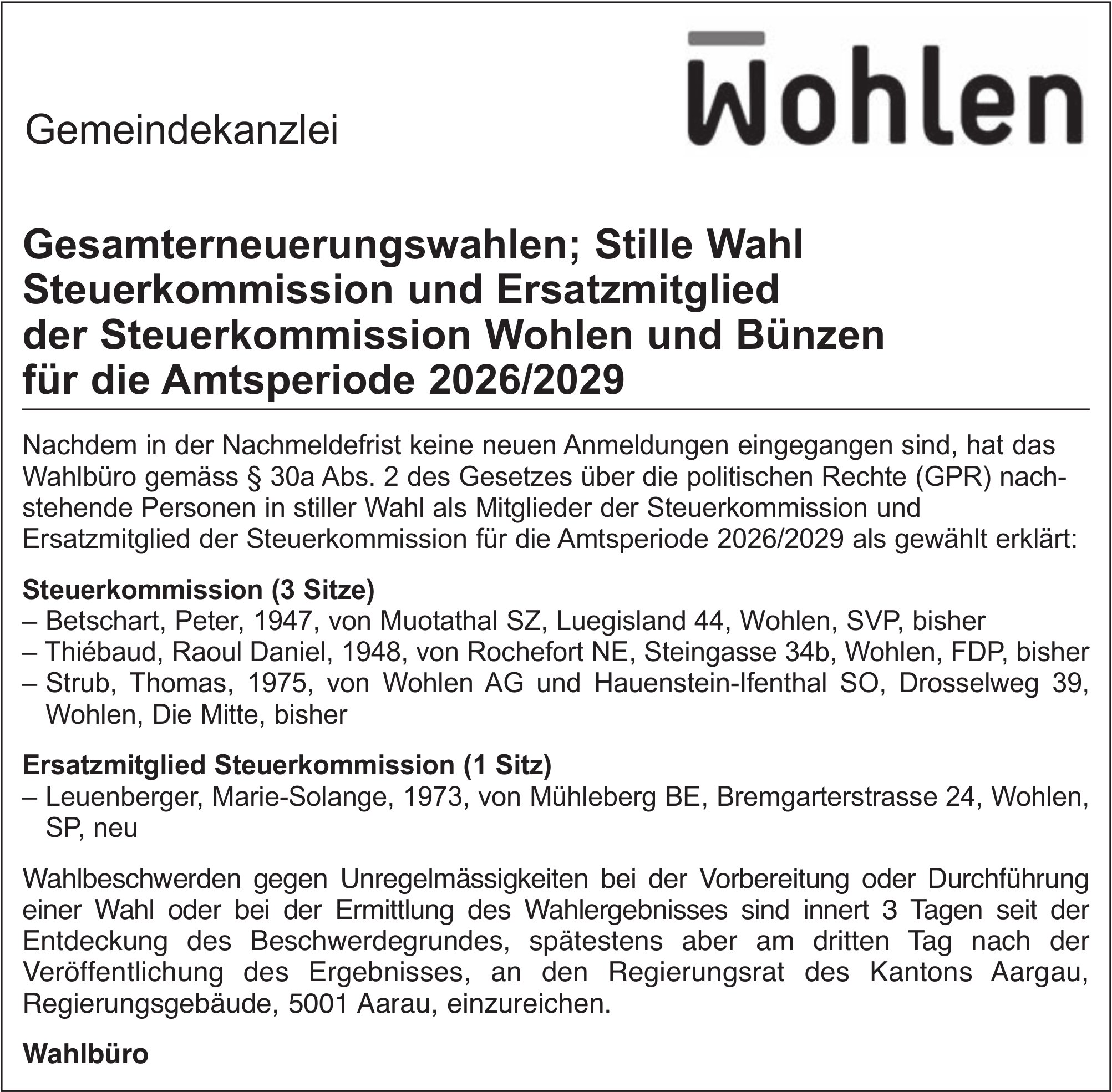 Wahlen & Abstimmungen, Gemeindekanzlei Wohlen, Gesamterneuerungswahlen; Stille Wahl Steuerkommission und Ersatzmitglied der Steuerkommission Wohlen und Bünzen