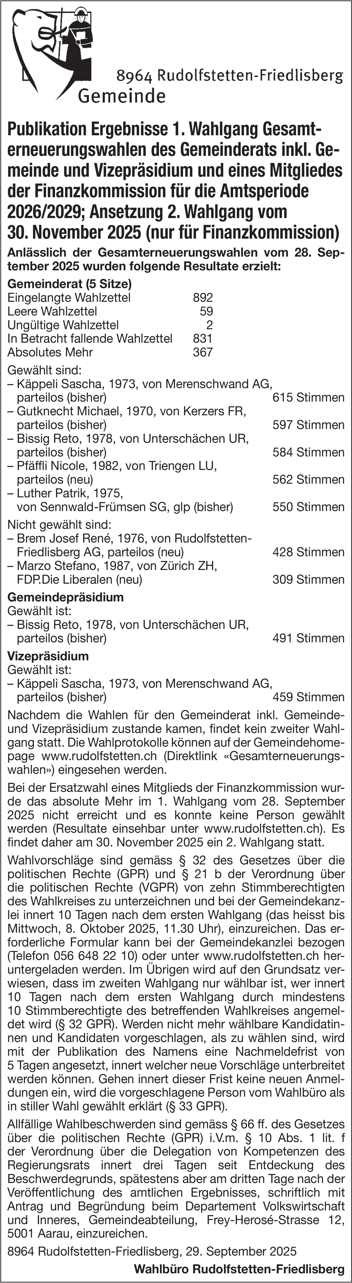 Wahlen & Abstimmungen, Gemeinde Rudolfstetten-Friedlisberg, Publikation Ergebnisse 1. Wahlgang Gesamterneuerungswahlen des Gemeinderats inkl. Gemeinde und Vizepräsidium und eines Mitgliedes der Finanzkommission