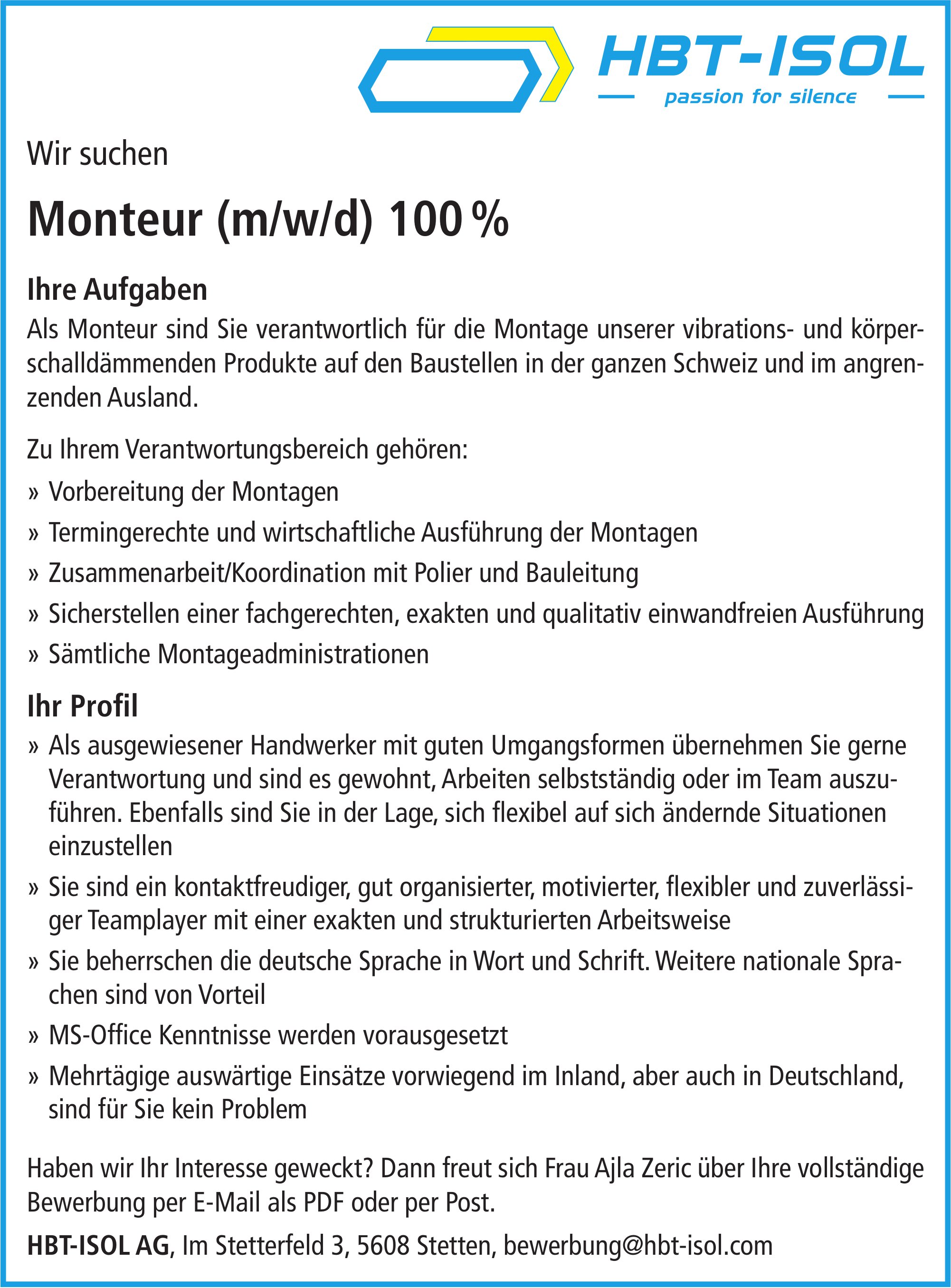 Monteur (m/w/d) 100%, HBT-ISOL AG, Stetten, gesucht