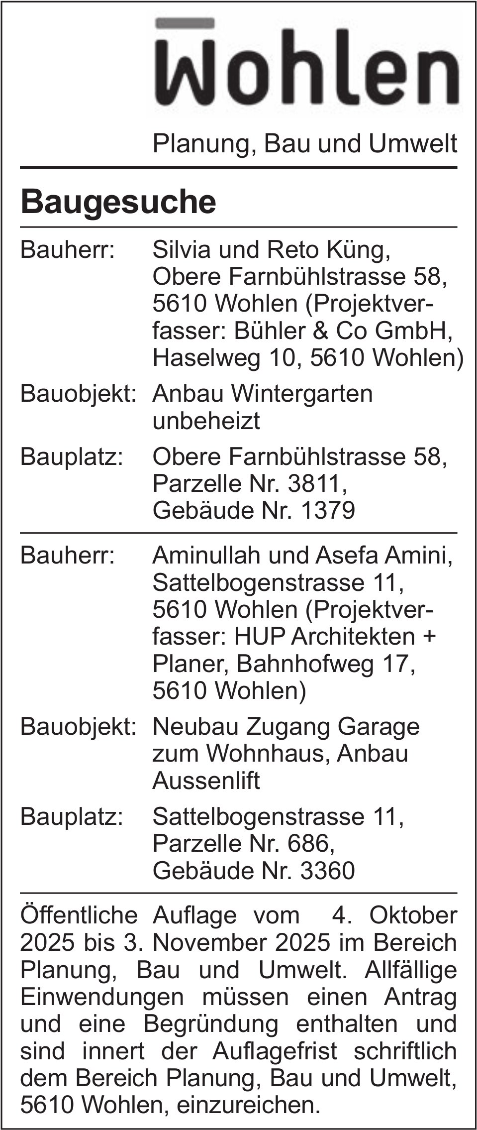Baugesuche, Wohlen