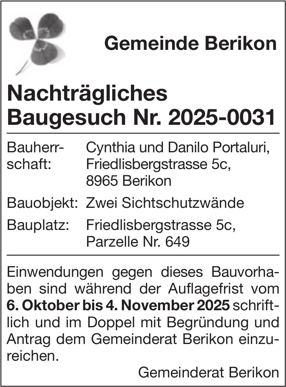 Baugesuche, Gemeinde Berikon, Nachträgliches Baugesuch Nr. 2025-0031