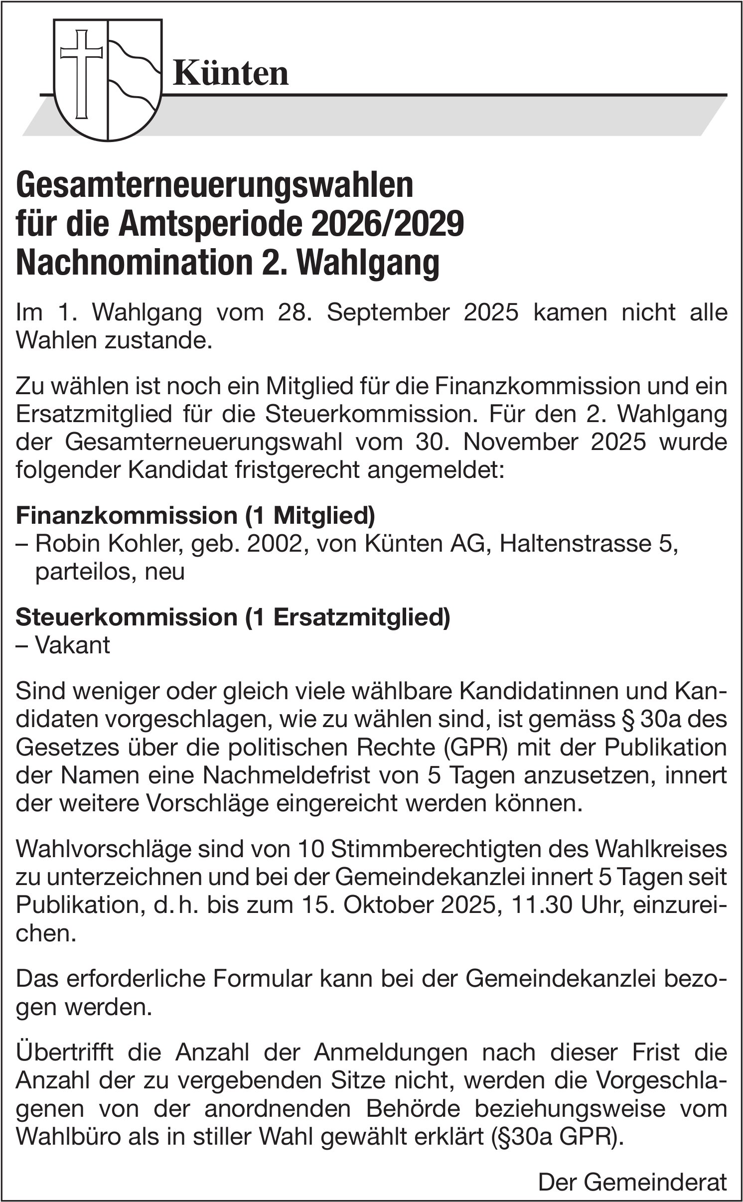 Wahlen & Abstimmungen, Künten, Gesamterneuerungswahlen für die Amtsperiode 2026/2029 - Nachnomination 2. Wahlgang