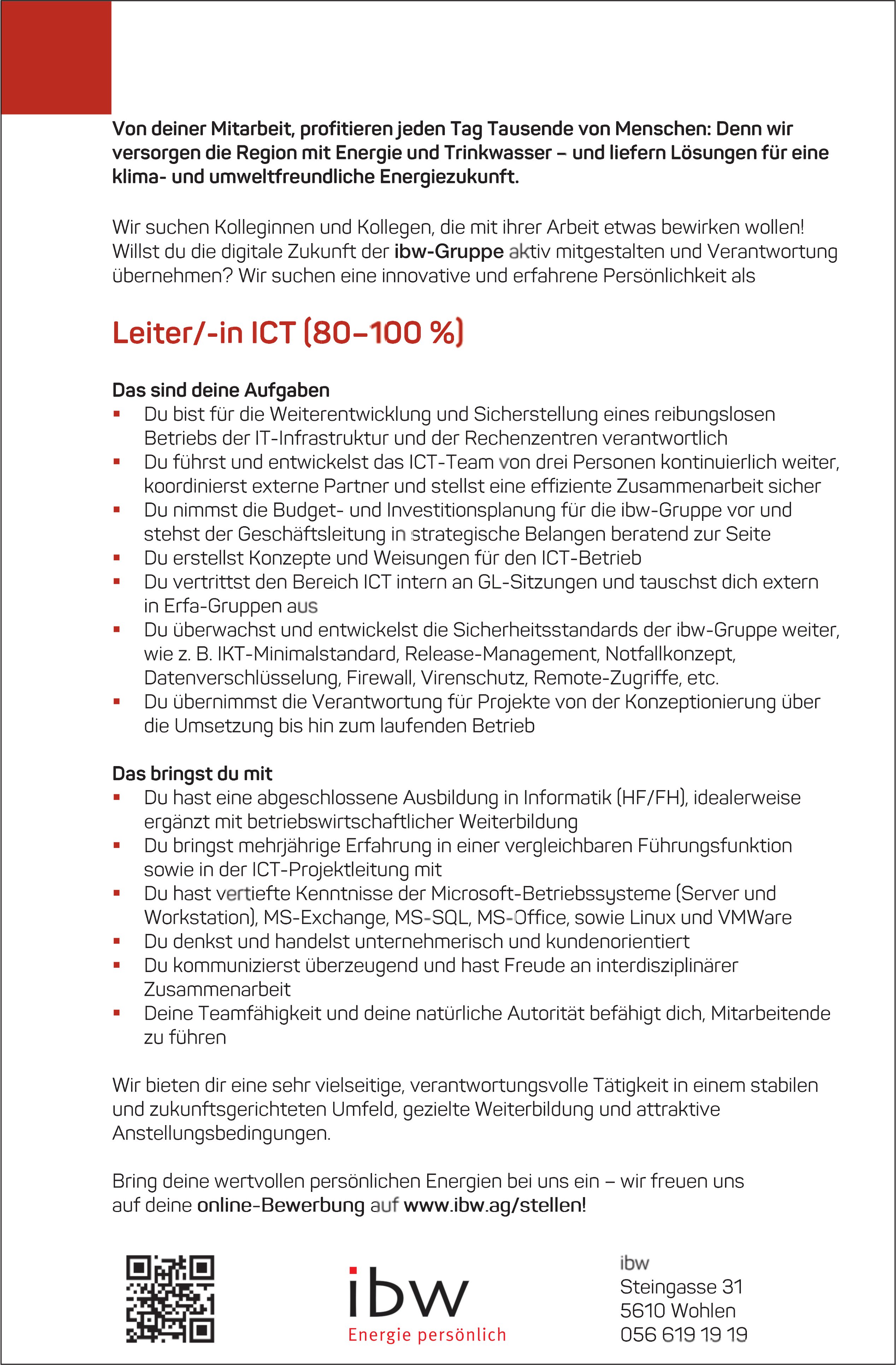 Leiter/-in Ict (80-100 %), ibw, Wohlen, gesucht