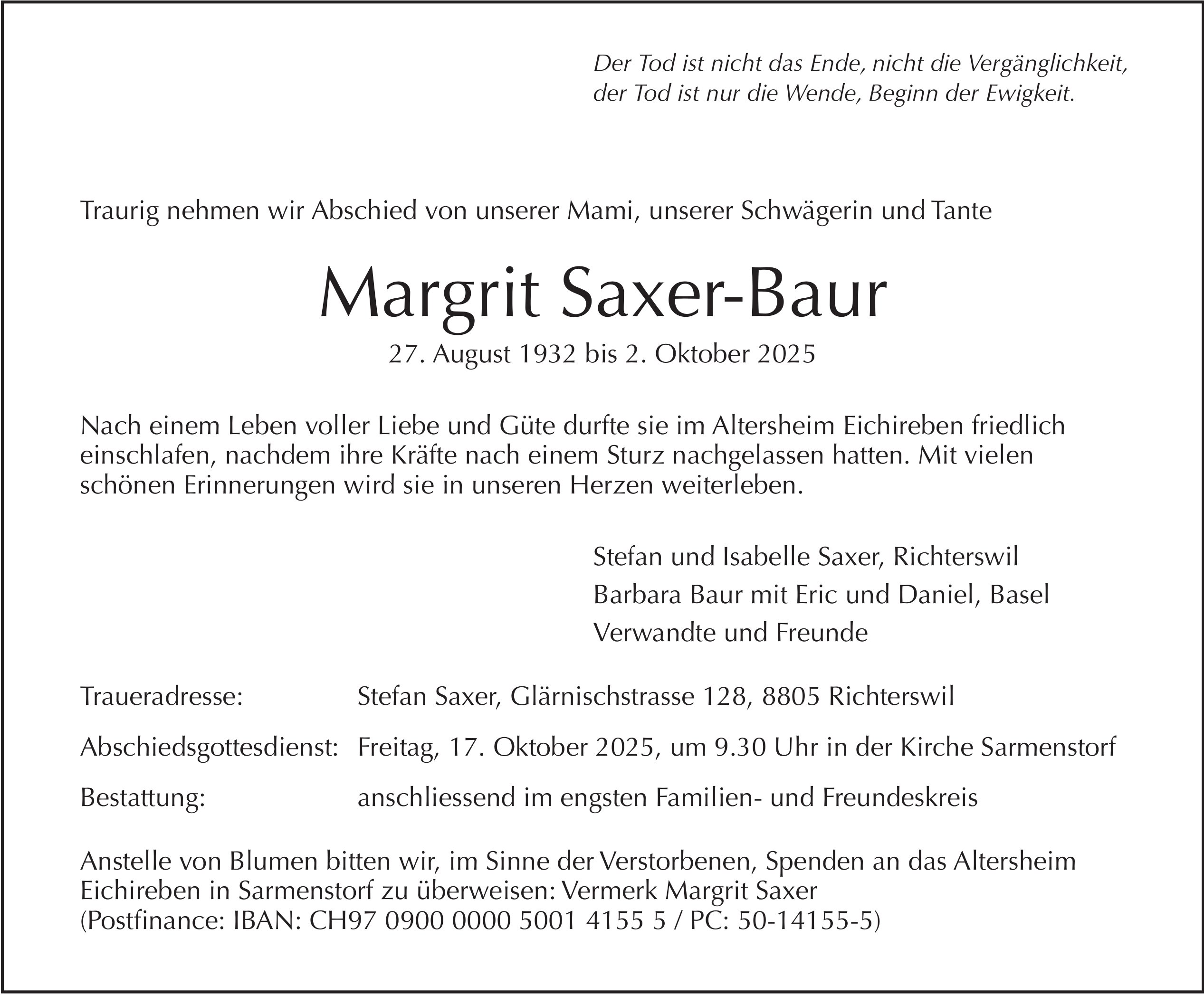 Margrit Saxer-Baur, Oktober 2025 / TA