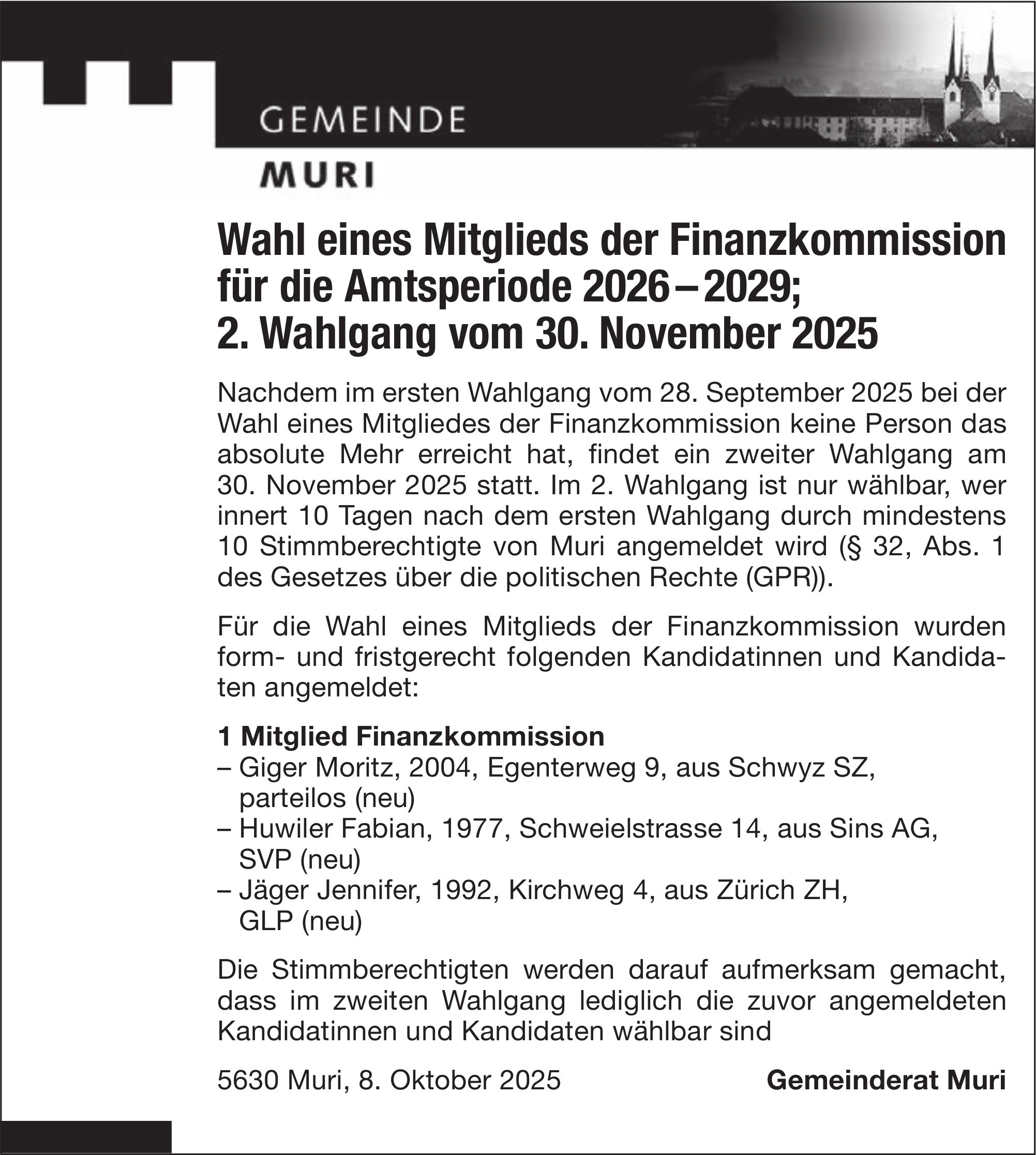 Wahlen & Abstimmungen, Gemeinde Muri, Wahl eines Mitglieds der Finanzkommission für die Amtsperiode 2026 – 2029; 2. Wahlgang