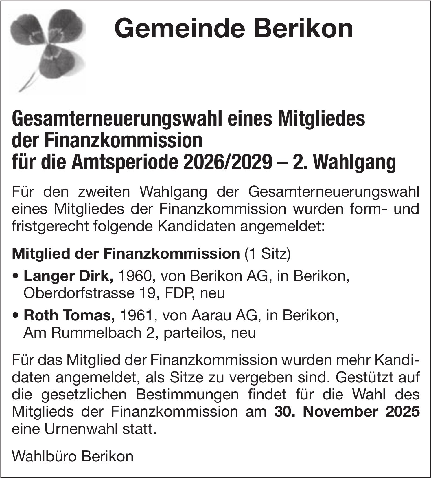 Wahlen & Abstimmungen - Gemeinde Berikon, Gesamterneuerungswahl eines Mitgliedes der Finanzkommission – 2. Wahlgang