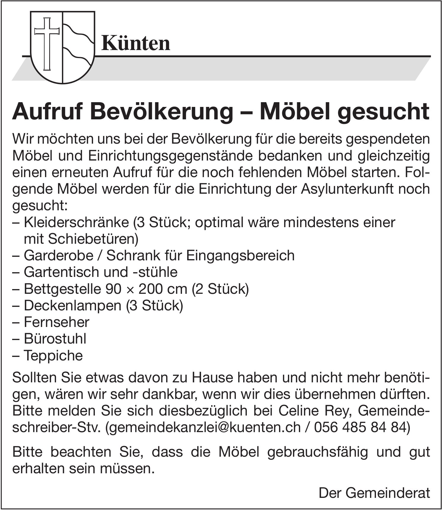 Sonstiges, Künten, Aufruf Bevölkerung – Möbel gesucht