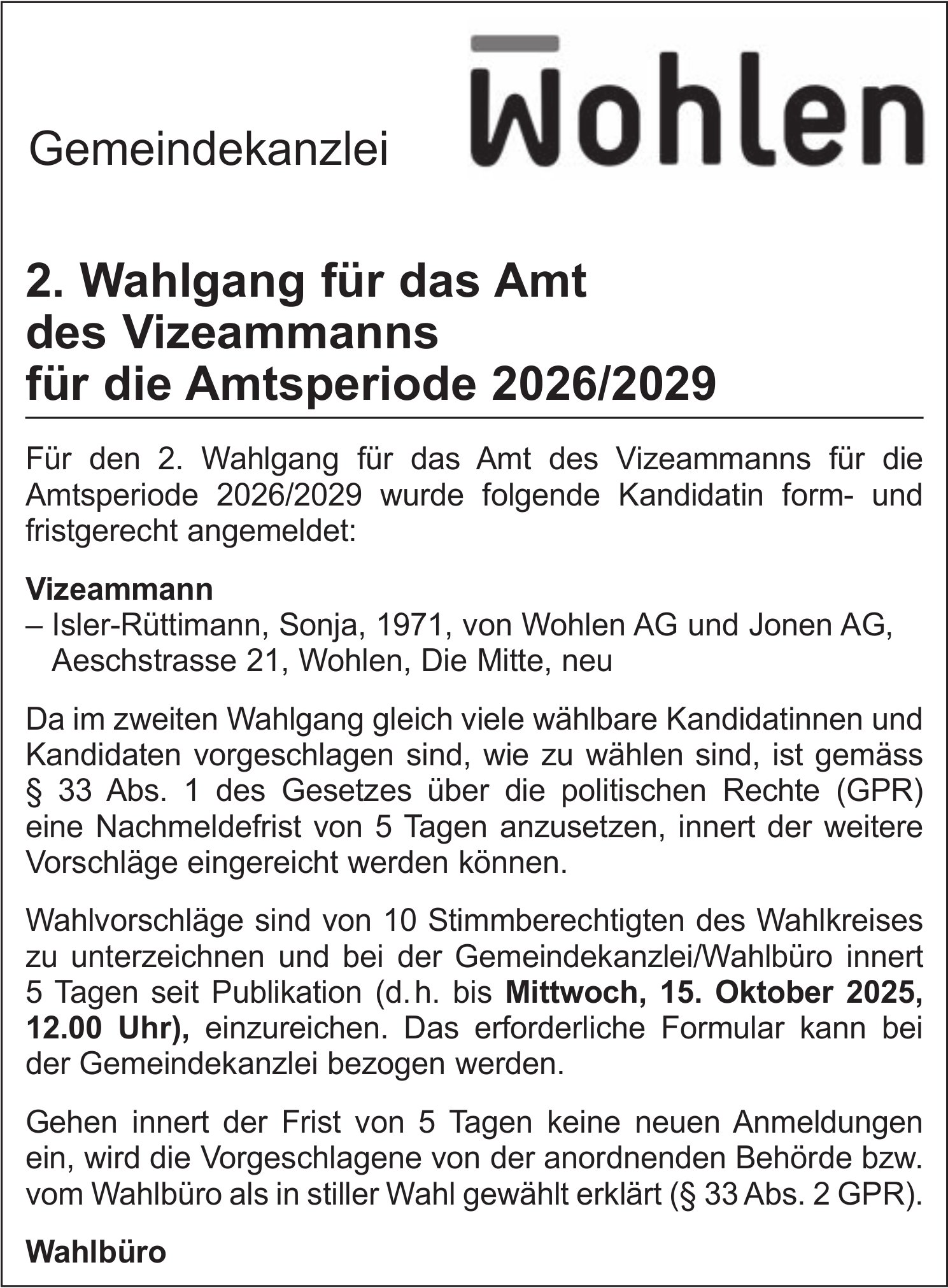 Wahlen & Abstimmungen, Wohlen - Gemeindekanzlei Wohlen, 2. Wahlgang für das Amt des Vizeammanns, Amtsperiode 2026/2029