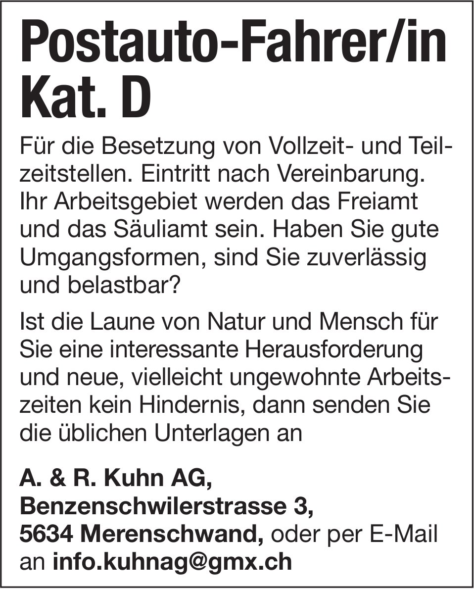 Postauto-Fahrer/in Kat. D, A. & R. Kuhn AG, Merenschwand, gesucht