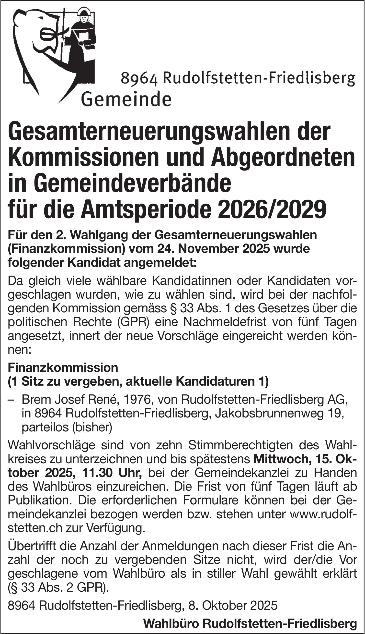 Wahlen & Abstimmungen, Gemeinde Rudolfstetten-Friedlisberg, Gesamterneuerungswahlen der Kommissionen und Abgeordneten in Gemeindeverbände, Amtsperiode 2026/2029