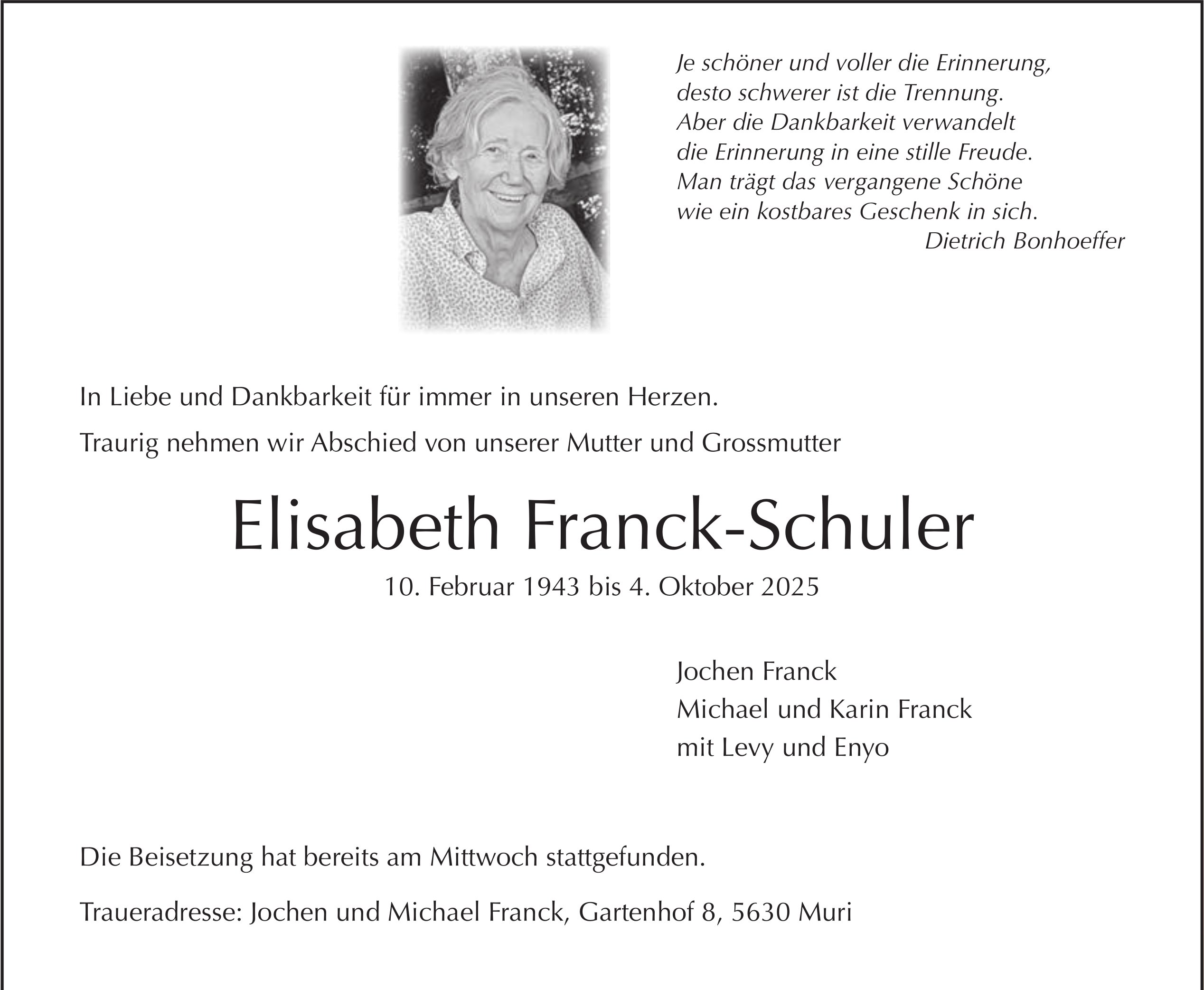 Elisabeth Franck-Schuler, Oktober 2025 / TA