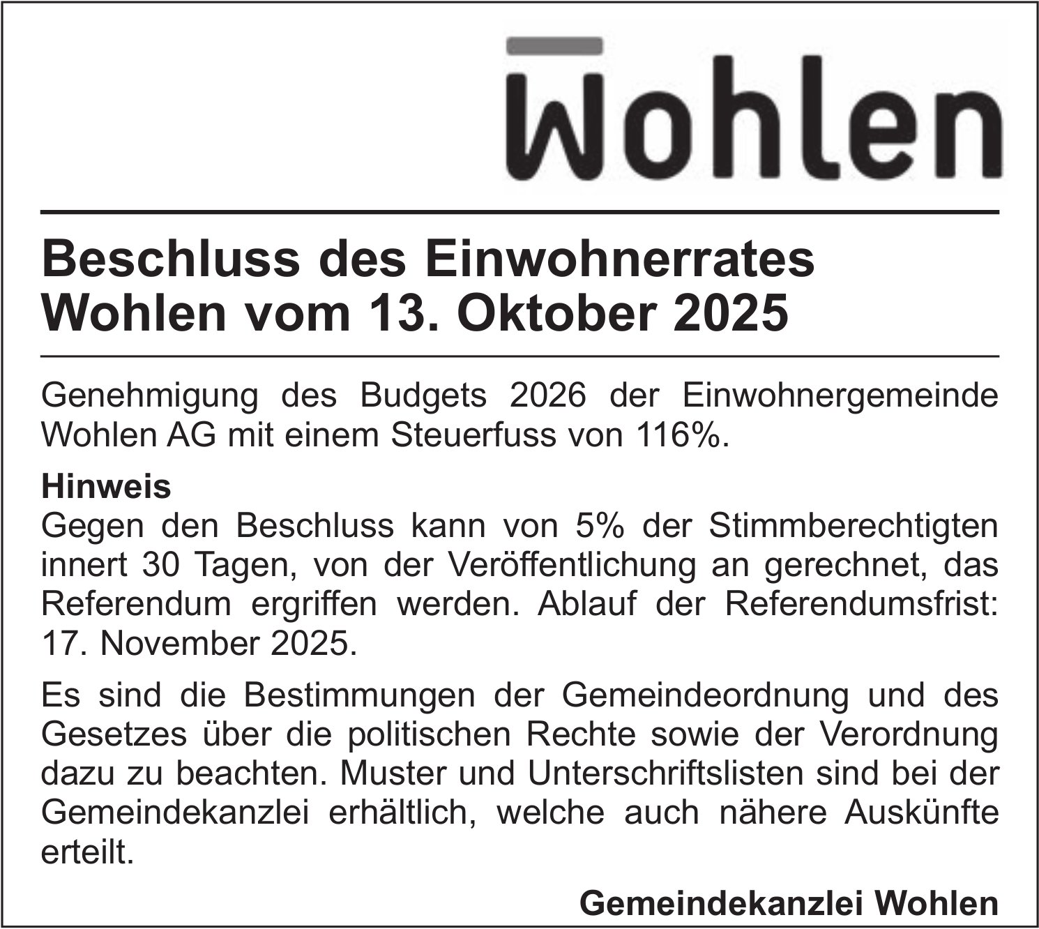 Gemeinde, Wohlen AG, Beschluss des Einwohnerrates Wohlen vom 13. Oktober 2025