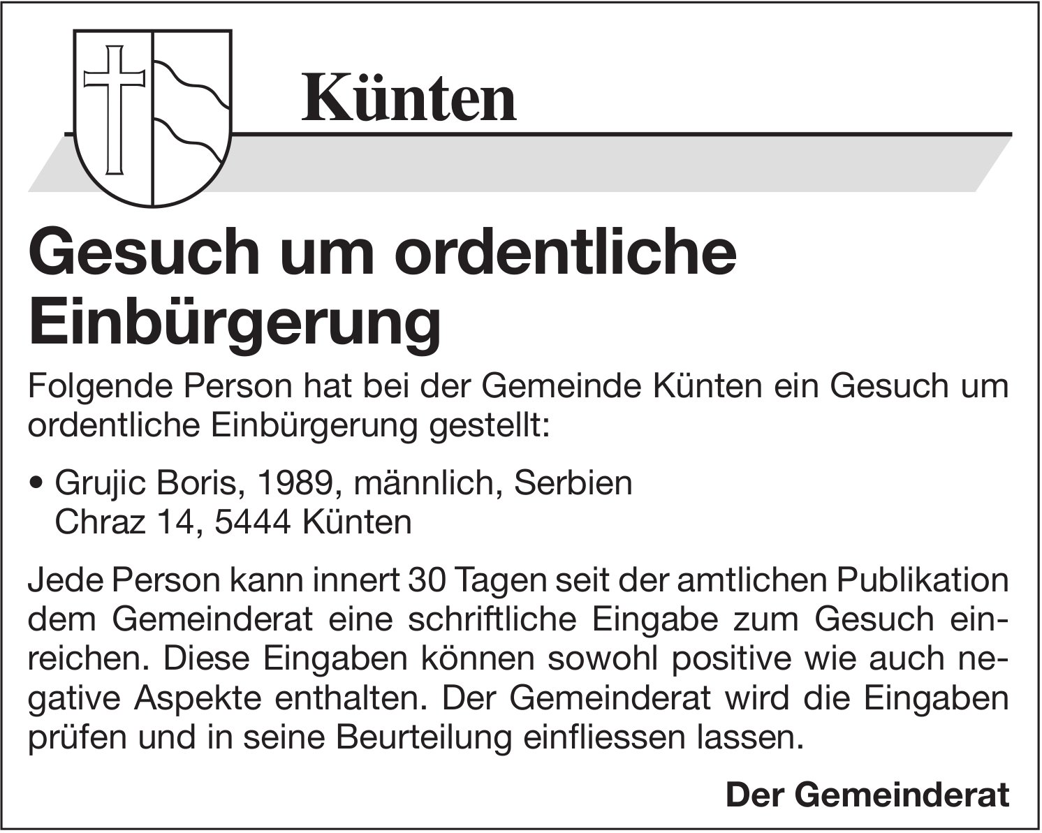 Gemeinde Künten, Gesuch um ordentliche Einbürgerung