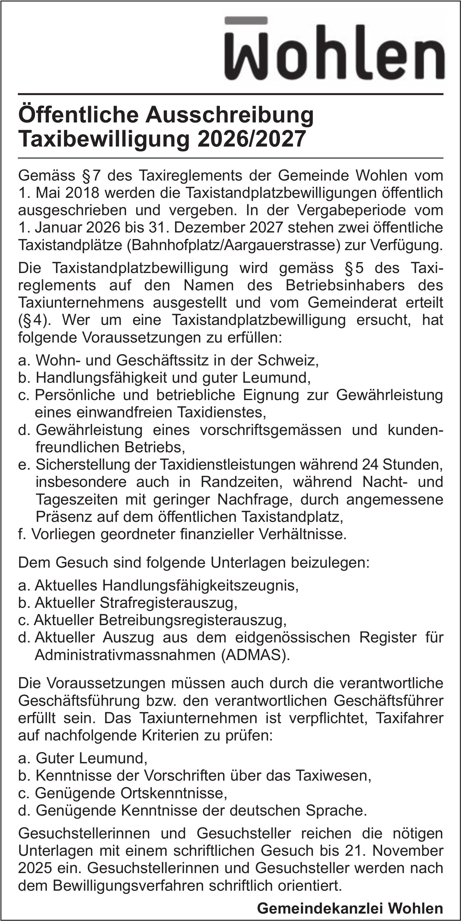 Sonstiges, Wohlen - Öffentliche Ausschreibung Taxibewilligung 2026/2027
